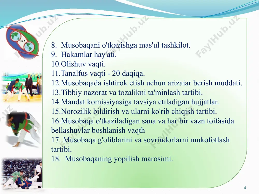 hakamlarni, kotibni, vaqtni nazorat qiliuvchi hakamni, tablodagi hakarani nazorat qilib boradi va almashtiradi. obrazets teksta vtoroy uroven tretiy uroven chetvertiy uroven pyatiy uroven 11 bosh kotib va kotiblar 12 1. bosh kotib musobaqa qatnashchilari mandat komissiyasidan o’tayotgan vaqtda kurashchilarning xujjatlarini tekshirib boradi. 2. bosh kotib, hakamlar hay'atining majlisini, musobaqa va olishuv bayonnomalarini, kurashish tartibini va boshqa hujjatlarn i yozib boradi. 3. kotiblar o'z gilamidagi bayonnomalarini yozib boradilar. 4. kotiblar olishuv baholarini ogohlantirishlarini nazorat qog'oziga yozib boradilar. 5. bosh kotib bosh hakam bilan birga musobaqaning hisobot bayonnomasini to'ldirib, unga imzo qo'yib topshirishga mas'ul shaxsdir. obrazets teksta vtoroy uroven tretiy uroven chetvertiy uroven pyatiy uroven 12 gilam o’rtasidagi hakam 13 1. olishuv boshlanishidan oldin gilamga chiqqan kurashchilarning gigiyenik holati, kuras h formasining qoida talablarig javob berishini tekshiradi, agarda kurash qoidasi talabiga javob bermasa, qayta kiyinib (ruxsat qilingan vaqt ichida) chiqishini talab qiladi. 2. olishuvning qanday borishini va olishuv davomida kurash qoidalariga qat'iy …