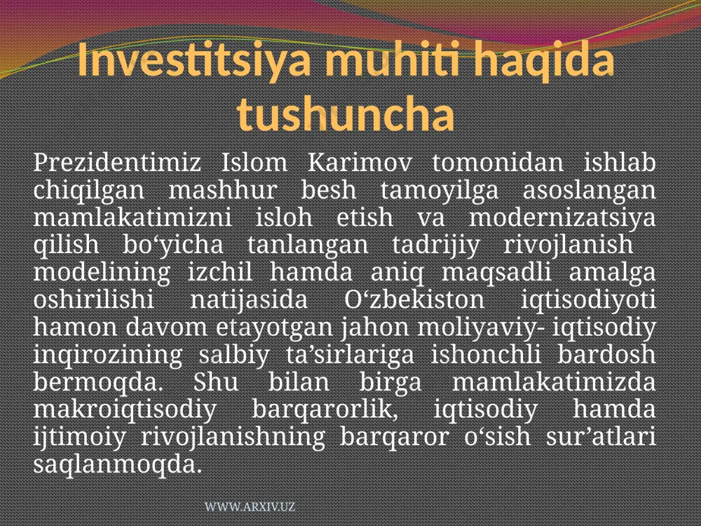 ik investorlar huquqlarining kafolatlari va ularni himoya qilish choralari to‘g‘risida”gi qonunlari va boshqa qator me’yoriy- huquqiy hujjatlar xorijiy investitsiyalarni jalb qilish sohasini huquqiy tartibga solish asosi bo‘lib xizmat qilmoqda. masalan, yuqori texnologiyali ishlab chiqarishlarni rivojlantirishga to‘g‘ridan-to‘g‘ri qo‘yilmalar kiritayotgan xorijiy investorlar uchun maksimal darajada qulay investitsiya muhitini yaratish, ishlab chiqarishlarni modernizatsiya qilish, texnik va texnologik yangilash bo‘yicha loyihalarni amalga oshirish uchun xorijiy investitsiyalar jalb etilishini rag‘batlantirish maqsadida 2012-yil 10- aprelda davlatimiz rahbarining “to‘g‘ridan-to‘g‘ri xorijiy investitsiyalar jalb etilishini rag‘batlantirishga oid qo‘shimcha chora-tadbirlar to‘g‘risida”gi farmoni qabul qilindi. bugungi kunda mamlakatimizda iqtisodiyotning yetakchi tarmoqlarida xorijiy investitsiyalar ishtirokida 4,2 mingdan ortiq korxona tashkil qilindi va muvaffaqiyatli faoliyat ko‘rsatmoqda. www.arxiv.uz qulay invistitsiya muhitini taminlash choralari bu esa xorijiy investorlarning o‘zbekiston iqtisodiyotining barqarorligi va mustahkamligiga, uni rivojlantirish istiqbollariga qiziqishi hamda ishonchi ortib borayotganidan yaqqol dalolat beradi. xo‘jalik sub’ektlari va aholining investitsion faolligini shirishga doir chora-tadbirlar ham korxonalarning o‘z mablag‘lari hisobidan investitsiyalar hajmini ko‘paytirish imkonini berdi. www.arxiv.uz muhim …
