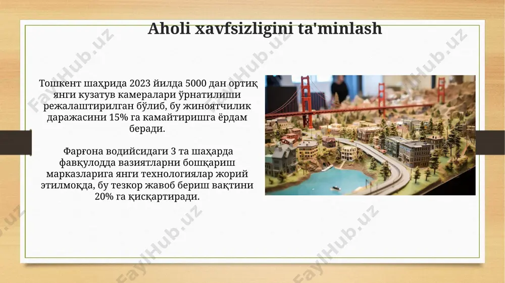 byudjetga katta bosim o'tkazadi. "aqlli shahar" loyihalarini amalga oshirishda mahalliy mutaxassislarning yetarli darajada tayyorgarligi va malakasining yetishmasligi, shuningdek, xorijiy ekspertlarni jalb qilishning yuqori narxi muhim to'siq hisoblanadi. atrof-muhitni muhofaza qilish самарқанд вилоятидаги 100 дан ортиқ қишлоқ хўжалиги корхоналари сув ресурсларидан самарали фойдаланиш бўйича замонавий технологияларни жорий этиб, сув истеъмолини 15% га камайтиришга эришди. навоий вилоятидаги "ўзбекнефтгаз" компанияси томонидан 2023 йилда 5000 га яқин дарахт экилиб, атмосфера ҳавосининг ифлосланишини камайтиришга ҳисса қўшилди. raqamli iqtisodiyotni rivojlantirish "raqamli iqtisodiyotni rivojlantirish" dasturi doirasida 2022 yilda toshkent shahrida 500 dan ortiq yangi raqamli texnologiyalarni qo'llagan korxona ro'yxatga olingan, bu esa iqtisodiy o'sishga 10% hissa qo'shgan. raqamli iqtisodiyotni rivojlantirish uchun 3 milliard aqsh dollari miqdorida investitsiyalar jalb qilish rejalashtirilgan bo'lib, bu mablag'lar andijon shahridagi axborot texnologiyalari parkini rivojlantirishga ham yo'naltiriladi. "aqlli shahar" loyihalarining samaradorligi тошкент шаҳридаги "aqlli шаҳар" лойиҳаларининг самарадорлигини баҳолашда 2022 йилдаги кузатувлар 15% гача энергия тежовчи технологияларни жорий этишга олиб келди. самарқанддаги "aqlli шаҳар" …