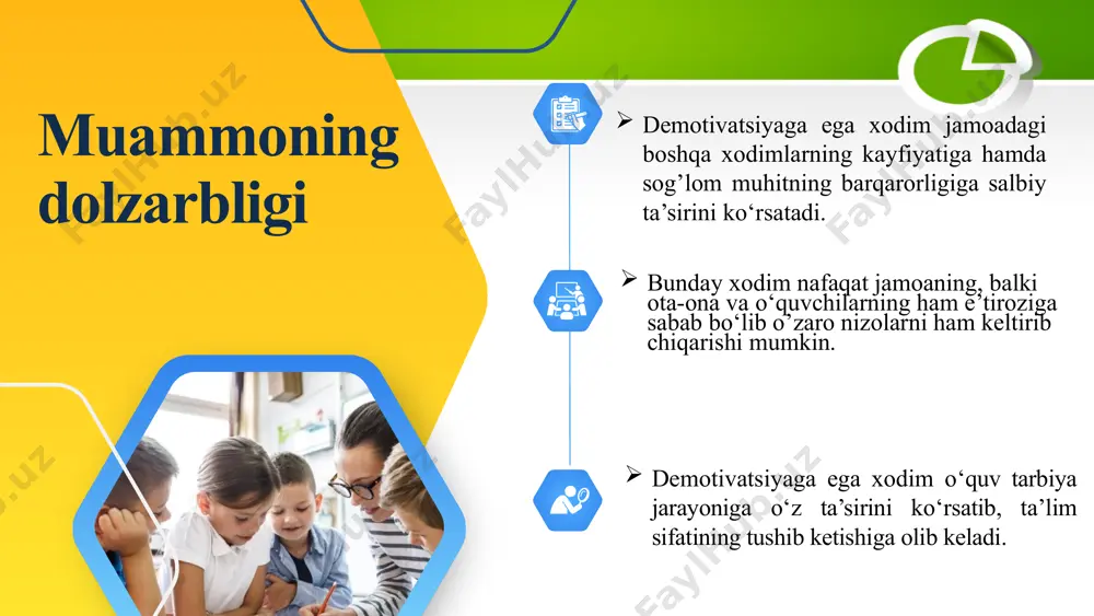 qiladi demotivatsiyaga ega xodimlar bilan ishlash bo’yicha aniq tavsiyalar berilgan psixologik qo’llanmalar yaratish 2 maktab xodimlari demotivatsiyaga ega xodimlar bilan ishlashda bir-birlarini qo‘llab quvvatlamaydi avstraliyada maktablar mahalliy davlat hokimiyati va ta’lim departamentlari tomonidan nazorat qilinib ruhiy tushkunlikga tushgan xodimlarga stressdan chiqib ketishlari va jamoaga qaytishlari uchun bepul psixologik xizmatlar ko’rsatadi maktab psixologlari malaka oshirish kurslarida o‘qitish jarayonida demotivatsiyaga ega xodimlar bilan ishlashning usul va metodlarini o‘rgatib borish kerak 3 o‘qituvchining obro‘sini oshirish, jamiyatda nufuzini oshirish bo‘yicha davlat siyosati darajasida ishlar olib borilmoqda bu jarayon ortidan demotivatsiya holatlari ham kamayib bormoqda shvetsiyada har bir pedagog xodimga nisbatan beqiyos inson resursi sifatida qaraladi va uni har doim olqishlash va maqtash kerak degan g’oya ta’lim tizimida ustuvordir. bunday yondashuv xodimlarning demotivatsiyaga tushib qolishining oldini oladi. maktablarda psixologik xizmatlarni joriy qilish va mahalliy davlat hokimiyati mablag’laridan xodimlar uchun turli ko’ngilochar va madaniy tadbirlar uyushtirib borish zarur mavzuning qiyosiy tahlil etilganligi xulosa maktabdagi demotivatsiyaga ega …