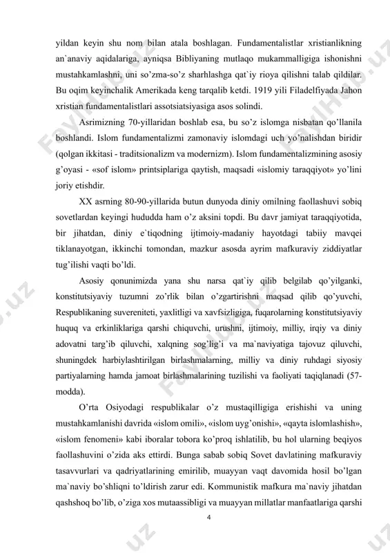 q va erkinliklariga qarshi chiquvchi, urushni, ijtimoiy, milliy, irqiy va diniy adovatni targ’ib qiluvchi, xalqning sog’lig’i va ma`naviyatiga tajovuz qiluvchi, shuningdek harbiylashtirilgan birlashmalarning, milliy va diniy ruhdagi siyosiy partiyalarning hamda jamoat birlashmalarining tuzilishi va faoliyati taqiqlanadi (57-modda). o’rta osiyodagi respublikalar o’z mustaqilligiga erishishi va uning mustahkamlanishi davrida «islom omili», «islom uyg’onishi», «qayta islomlashish», «islom fenomeni» kabi iboralar tobora ko’proq ishlatilib, bu hol ularning beqiyos faollashuvini o’zida aks ettirdi. bunga sabab sobiq sovet davlatining mafkuraviy tasavvurlari va qadriyatlarining emirilib, muayyan vaqt davomida hosil bo’lgan ma`naviy bo’shliqni to’ldirish zarur edi. kommunistik mafkura ma`naviy jihatdan qashshoq bo’lib, o’ziga xos mutaassibligi va muayyan millatlar manfaatlariga qarshi qaratilganligi bilan sho’ro hokimiyatidan keyingi makonda diniy fundamentalizm uchun qulay sharoit tug’dirdi. sobiq ittifoqdagi hukmron partiyaning namoyandalari diniy jamoalarni xalqlarning aql idrokini egallash uchun kurashda o’zlarining raqibi deb hisoblashi dinning pinhoniyatga chekinishi va hatto uning muayyan ma`nodagi muxolif kuchga aylanishiga olib keldi. o’sha davrda dinning ta`qib ostida bo’lib …