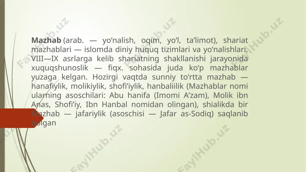 oq qiyos va ijmoʻning qoʻllanishida ham ular tanho muhammadning safdoshlari boʻlmish sahobalarning hamjihatligidan kelib chiqqan hukmlarnigina inobatga olar edilar. xanbaliya ularning rasmiyatchiligi oʻta ketgan mutaassibligi, jonli tarixiy haqiqatdan uzoq turgan qarashlari, ijtimoiy hayot va turmush tarzidagi har qanday yangiliklarga zid ekanligi sababli — mazhab xii-asrgacha keng tarqalmagan. undan keyingi asrlarda xanbaliya tarafdorlari yana kamayib ketgan. xviii asrda paydo boʻlgan vahobiylar xanbaliya tarafdori boʻlib chiqqan. vahobiylar saudiya arabistonda hokimiyatni qoʻlga olgach, xanbaliya qonunlarini amalga kiritganlar. u erda xanbaliyaning ilk islomga xos qonunlari hozir ham amalda. mazkur mazhablar va ulardagi xuquqshunoslik oʻrtasida, yuqorida qayd qilib oʻtilganidek, sabr-toqat va mutaassiblik darajasi xususida bir oz tafovut mavjud boʻlib, ular islom diniy taʼlimoti doirasidan tashqariga chiqmaydi, yaʼni bu mazhablarning hammasi ortodoksal hisoblanadi. shialik shialik (arabchadan guruh, tarafdorlar) islomdagi asosiy yoʻnalishlardan biridir. oʻzining tarqalishi va ijtimoiy-siyosiy mohiyati jihatidan sunniylikdan keyingi oʻrinda turadi. hozirda jahondagi musulmonlarning qariyib 10 foyizi shialikka mansub hisoblanadi. shialik vii asr oʻrtalarida xalifa …