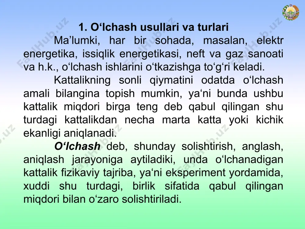 da kattalikning taqqoslash asbobiga ta‘siri natijasini nolga keltirish lozim bo‘ladi. masalan, elektr qarshiligini qarshiliklar ko‘prigi bilan to‘la muvozanatlashtirib o‘lchash. o‘rindoshlik usuli – o‘lchov bilan taqqoslash usulining turi hisoblanib, o‘lchanayotgan kattalikning o‘lchov orqali yaratilgan ma‘ lum qiymatli kattalik bilan o‘rin almashishiga asoslangan. misol, o‘lchanadigan massa bilan tarozi toshini bir pallaga galma – gal qo‘yib o‘lchash yoki qarshiliklar magazini yordamida tekshirilayotgan rezistorning qarshiligini topish. mos kelish usuli – o‘lchov bilan taqqoslash usulining turi. o‘lchanayotgan kattalik bilan o‘lchov orqali yaratilgan kattalikning ayirmasini shkaladagi belgilar yoki davriy signallarni mos keltirish orqali o‘tkaziladigan o‘lchash. masalan, kalibr yordamida val diametrini moslash. 2. o‘lchash vositalari va ularning turlari ma’lumki, o‘lchashni biror bir vositasiz bajarib bo‘lmaydi. o‘lchash vositalarining turlari xilma – xil. ular sodda yoki murakkab, aniqligi katta yoki kichik bo‘lishi mumkin. o‘lchash vositalari meyorlangan metrologik xossalarga ega bo‘lishlari lozim va bu metrologik xossalar davriy ravishda tekshirilib turiladi. o‘lchash amalida o‘lchanayotgan kattalikning qiymati to‘g‘ri aniqlanishi aynan mana shu …