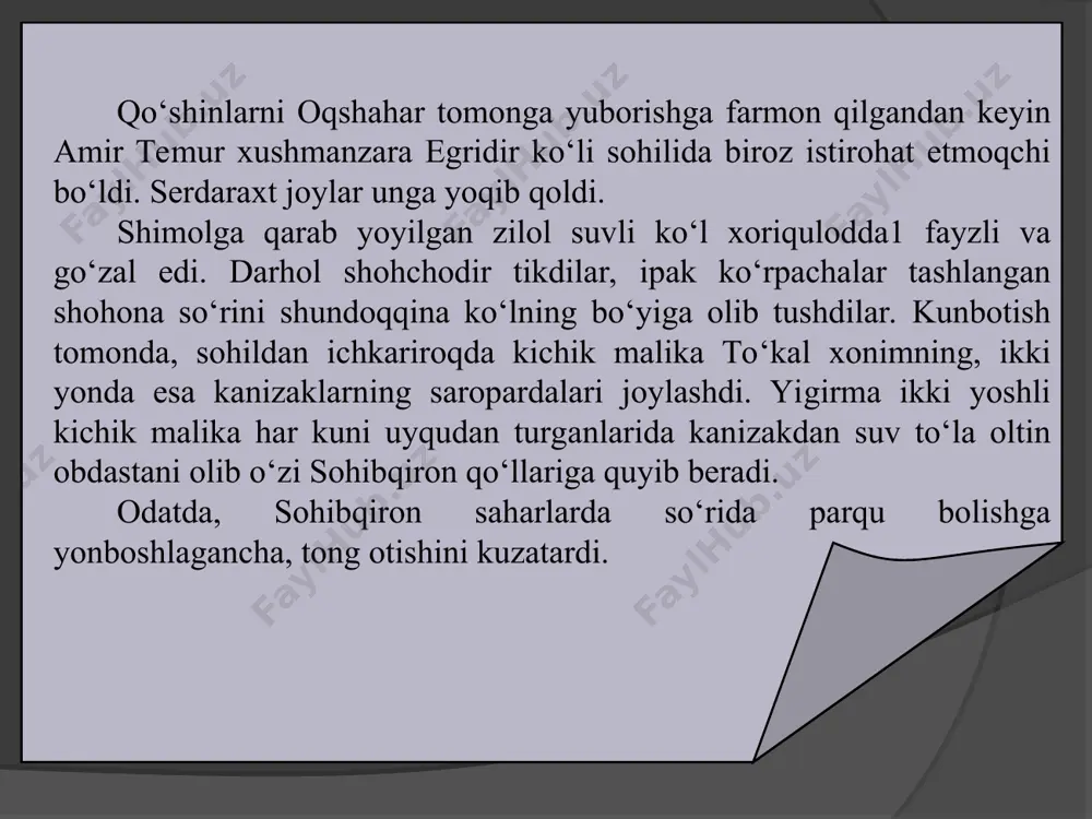 iri haqida so‘zlashmoqchilar, nazarimda. katta-kichik qal’alarni olish demasa, rumda janglar deyarli to‘xtadi. agar shu haqda so‘z ochilsa, uning ajoyib taklifi bor...» sohibqiron yo‘lkadan burilgan dodxohni ko‘rib ortiga qaytdi. so‘riga borib o‘ltirdilar. – rum qaysari betob bo‘libdur, – dedi amir temur. – afsus... xiyla darmonsiz ermish. darhol tabiblar yubortirdim. yaxshi taomlar, doru darmonlar buyurtirdum. – ha, iztiroblar uni tinch qo‘ymaydir, amir sohibqiron. – mamat, undan xabar olib turibsenmu? – hamisha boxabarman, amir sohibqiron. – ne dard ilashg‘on erkan? tabiblar ne deydir? – zayyiqi nafas va xunok marazi1 birlan og‘ribdur. zo‘riqish kuchli, nafasi qisar emish. amir temur o‘ylanib qoldi, keyin: – xudo shifo bersun. – dedi. – yildirim boyazid butun rum boyliklarini jamuljam etmish edi. qaramon shahzodasi amir muhammad esa o‘n ikki yil bursada zindon azobini tortibdur. ozod etib, qaramonni o‘ziga in’om qildum. – hm-m... – sulaymon chalabiyga edirnani tobshurdim... – qandoq bo‘larkin... o‘zimizda chaqmoqdek shahzodalar ko‘p... sohibqiron dodxohga qarab jilmaydi: – …