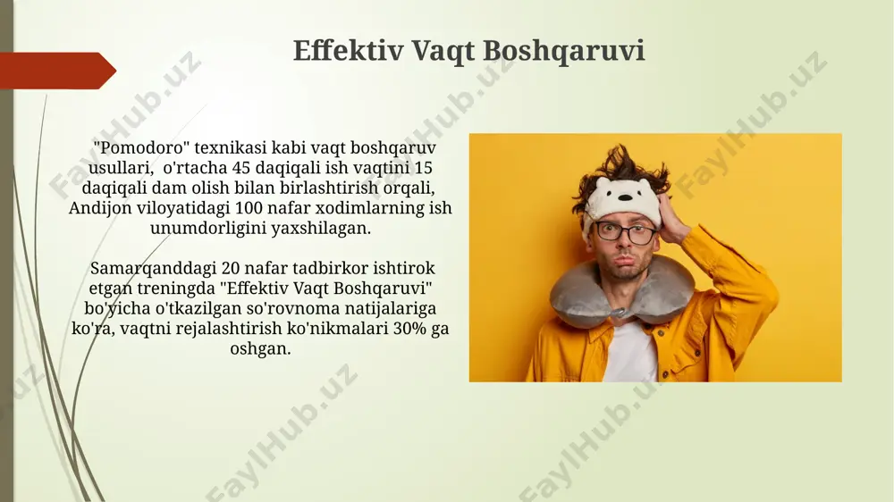 maradorlikni oshiradi. stressni boshqarishning samarali usullaridan biri, kuniga kamida 30 daqiqa, masalan, toshkentdagi bog'larda yurish yoki sport bilan shug'ullanish orqali jismoniy faollikni oshirish hisoblanadi. bu qon aylanishini yaxshilaydi va 5-htp darajasini ko'taradi. stressning psixologik ta'siri toshkent shahridagi shifoxonalarda o'tkazilgan so'rovnomalar shuni ko'rsatdiki, stressga duchor bo'lgan 70% bemorlarda uyqusizlik, bosh og'rig'i va 10% da oshqozon yarasi kuzatilgan. stress gormonlari darajasining ko'tarilishi yurak-qon tomir kasalliklari xavfini 35% ga oshiradi, bu andijon viloyati kardiologlari tomonidan tasdiqlangan ma'lumotlar. delegatsiya va jamoa ishining ahamiyati jamoa ishi samaradorligini oshirish uchun, toshkentdagi 3 ta kompaniya 7 xil strategiyalarni qo'llab, ish unumdorligini 15% ga oshirdi. delegatsiya jarayonida 5 kishidan iborat jamoa samarqanddagi loyihaga 2 kun davomida muvaffaqiyatli vakolat berib, 10 ta muhim masalani hal qildi. e'tiboringiz uchun rahmat @taqdimot_robot image1.jpg image2.jpg image3.jpg image4.jpg image5.jpg image6.jpg image7.jpg image8.jpg image9.jpg image10.jpg image11.jpg image12.jpg image13.jpg image14.jpg image15.jpg image16.jpg image17.jpg
