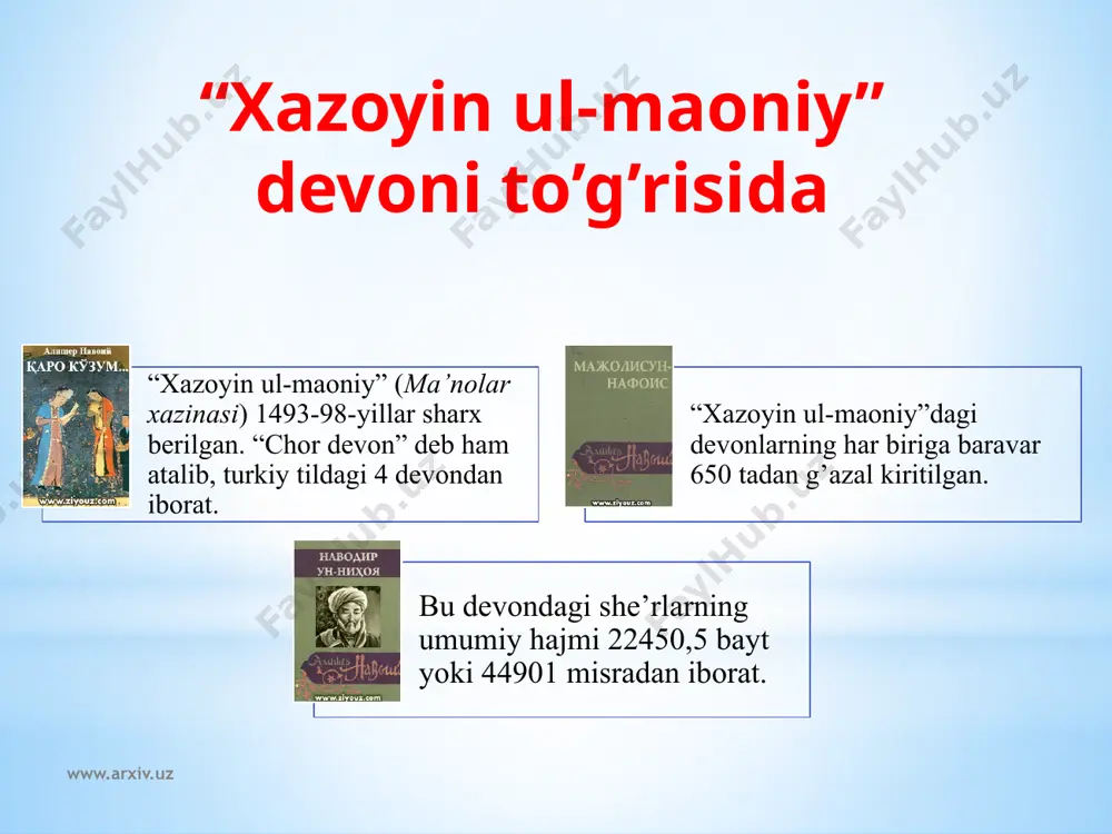 n. birinchi baytda yo’lga chiqqan bir kimsaning ifloslardan himoya qilish uchun oyog’iga kiyay desa, kavushi yo’qligi haqida ma’lumot keltiriladi. ammo ikkinchi baytda bor gap lo’nda va ta’sirchan qilib aytib qo’ya qolinadi: u odam shukur qilsin, chunki yurishga oyog’i bor, ana, boshqa birovga boqsin, yuray desa, oyog’i yo’q uning. www.arxiv.uz bu qit’a zamirida har qanday kishi o’z ahvolidan shikoyat qilishdan oldin orqa-oldiga, yon-atrofiga qarasin, qiyoslasin, keyin xulosa chiqarsin, degan oqilona o’git yashirin. ammo navoiy yaratgan qit’adagi qiyos juda ta’sirchan. uni o’qigan zahoti kishi ko’z o’ngida bir martalik umrni oyoqsiz o’tkazayotgan, yo qo’ltiqtayoqqa suyanib yurayotgan, yo aravachada birov surgalab ketayotgan nogiron kishilar gavdalanadi. kiyishga poyabzali bo’lmasa ham, to’rt muchasi but odam borligiga shukur qilishi shart albatta. bosh omon bo’lsa, do’ppi topiladi degan maqolda yaxshi aytilgani kabi, oyoq omon bo’lsa, kovush topiladi. www.arxiv.uz foydalanilgan adabiyotlar o’zbek adabiyoti tarixi o’zbek mumtoz adabiyoti tarixi www.google.uz www.youtube.uz image1.jpeg image2.jpeg image7.jpeg image8.jpeg image9.jpeg image10.jpeg image11.jpeg image12.jpeg image13.jpeg …