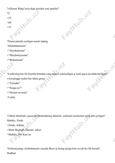 o‘zbek adabiyoti savol-javoblar to‘plami — DOCX