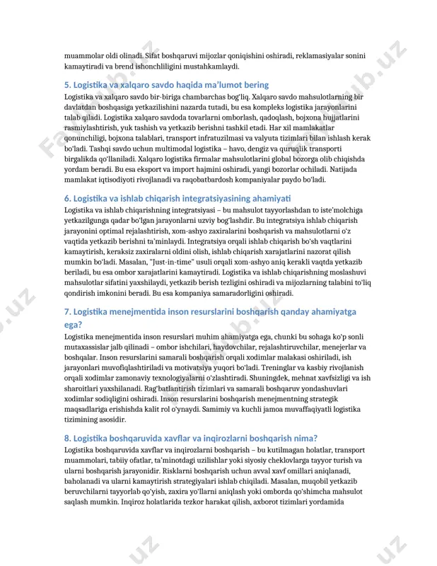 ish jarayonlari logistikani tubdan o‘zgartirmoqda. masalan, avtomatik ombor tizimlari orqali yuklarni tez va aniq joylashtirish, robotlar yordamida mahsulotlarni yig‘ish mumkin. innovatsiyalar transportni real vaqt kuzatishga va yo‘llarni optimallashtirishga yordam beradi. sun’iy intellekt mijozlarning ehtiyojlarini prognoz qilish va zaxiralarni boshqarishda qo‘llaniladi. bulut texnologiyalari orqali logistik ma’lumotlarga har qanday joydan kirish mumkin. innovatsiyalar xarajatlarni kamaytiradi, mijozlar ehtiyojlarini tezroq qondiradi va raqobatbardoshlikni oshiradi. ular logistikani yanada zamonaviy va moslashuvchan qiladi. 4. logistika tizimida sifatni boshqarish qanday? logistika tizimida sifatni boshqarish – bu mahsulotlar va xizmatlar sifatini kafolatlash, mijozlarga ishonchli va o‘z vaqtida yetkazib berishni ta’minlash jarayonidir. bu jarayon iso 9001 kabi sifat standartlariga asoslangan bo‘lishi mumkin. sifatni boshqarish omborlash, transport, qadoqlash va mijozlarga xizmat ko‘rsatish bosqichlarini o‘z ichiga oladi. jarayonlarda aniqlik, vaqtida bajarilish, zararsiz yetkazib berish muhim hisoblanadi. har bir bosqichda nazorat punktlari tashkil qilinadi va xatoliklar aniqlanadi. shuningdek, mijozlarning fikrlari asosida xizmatlar doimiy yaxshilanadi. axborot tizimlari yordamida sifat tahlil qilinadi va muammolar …