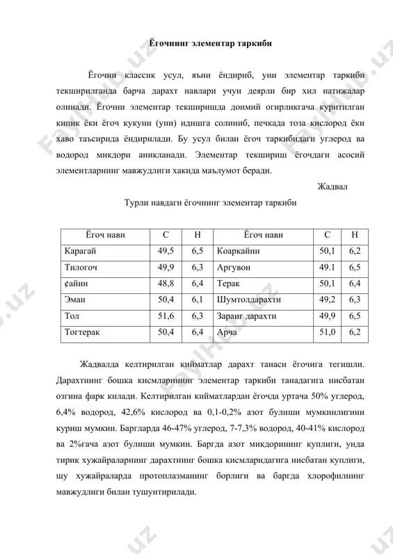 булади. дарахтни ёндириб, олинадиган кул микдори авваламбор унинг навига боглик булади. жадвал баъзи дарахт навларининг золлиги дарахт нави %, кул дарахт нави %, кул коракайин 0,57 тогтерак 0,32 шумтол дарахти 0,57 кайин 0,29 карагай 0,39 зирк дарахти 0,28 эман 0,37 тилогоч 0,27 арча 0,37 утинда кулл микдори, унинг ифлосланганлиги ва таркибида илдиз булганлиги учун 1,5-2 % гача булиши мумкин. дарахтдаги кул микдори, жадвалда куриниб турибдики катта ораликда узгариб туради. кул микдори дарахтнинг усган шароитига, жойига, йил фаслига, ёшига, ер катламига боглик булади. агар дарахт золлигини аниклаш учун намуна бахорги (дарахтда шароб окиши жадаллашган) вактда олинган булса, зол микдори намуна кузда олинган вактдагига нисбатан куп булади. ёгочни ёкиш натижасида таркибида калий, магний, темир ва марганецнинг углекислий тузларини тутган махсулотлар олинади. золда кумир кислота аниони билан бир каторда фосфор, сульфат, хлор ва кремний кислота анионлари хам учрайди. киздириш натижасида органик моддалар хам ёниб сув ва углекислий газ хосил килади, натижада унинг металл …