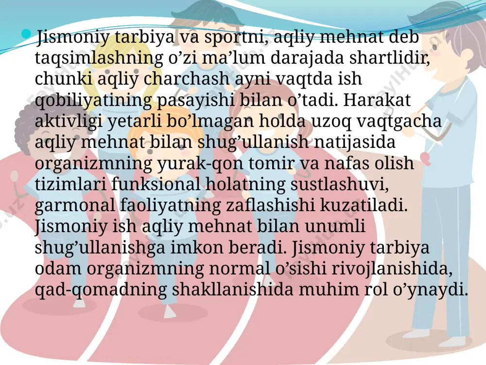 ing ko’pgina bo’limlarini o’z ichiga olib, unga qonning normal aylanishiga to’siklik qiladigan uzilishlariga aytiladi. yurak va qon tomirlar tizimining biror bo’limida ro’y bergan ayrim buzilishlar qon aylanishining umumiy buzilishlariga olib kelishi mumkin. shuning uchun qon aylanishidagi yetishmovchilik bir necha xil ko’rinishda bo’lishiga qaramasdan turli kasalliklar (yurak parokida, miokardit, perikardit, kardioskleroz, o’pkaning surunkali kasalliklari va h.k.) asosiy alomatlari bir xil bo’ladi. shuning uchun yurak – qon tomir kasalliklarining oldini olishda yuqorida ko’rsatilgan sabablarni bartaraf etish organizmni chiniqtirish, jismoniy mehnat, sport bilan muvofiqdir. jismoniy mashg’ulotlarning yurak faoliyatiga faoliyatiga ta’siri yurak-qon tomir tizimini chiniqtirishda eng oddiy harakat mashg’ulotlari bo’lgan yurish va yugurish, nafas olish gimnastika mashg’ulotlarini bajarish muhim ahamiyatga ega. har bir yosh kishi har kuni o’rtacha 20-25 ming qadam (12-15 km) katta odamlar esa kamida 10-12 ming qadam (8-10 km) yurish yoki yugurishi kerak. jismoniy chiniqqan odamning yuragi morfo-fiziologik jihatdan bir qator ijobiy xususiyatlarga ega bo’ladi. masalan, miokarda qon aylanishining kuchayishi, uning …