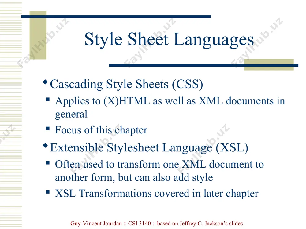 dan :: csi 3140 :: based on jeffrey c. jackson’s slides guy-vincent jourdan :: csi 3140 :: based on jeffrey c. jackson’s slides css syntax: selector strings elements belonging to a style class: referencing a style class in html: elements of a certain type and class: class selector: begins with a period . guy-vincent jourdan :: csi 3140 :: based on jeffrey c. jackson’s slides guy-vincent jourdan :: csi 3140 :: based on jeffrey c. jackson’s slides css syntax: selector strings elements belonging to a style class: referencing a style class in html: elements of a certain type and class: this span belongs to three style classes guy-vincent jourdan :: csi 3140 :: based on jeffrey c. jackson’s slides guy-vincent jourdan :: csi 3140 :: based on jeffrey c. jackson’s slides css syntax: selector strings elements belonging to a style class: referencing a style class in html: elements of a …