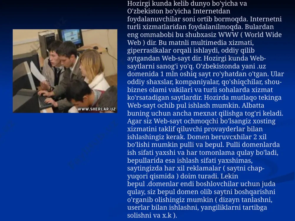 ront page server extentions dasturiga mansub bo’ladi. front page programmasini qo’llab-quwatlaydigan web-xostlar va provayderlar ruyxatini quyidagi internet saytidan olish mumkin: axborot jamiyat qurish sharoitida aktdan foydalanish faqat ziyoli qatlam bilan cheklanmasligi, axborot texnologiyalari aholining barcha qatlamlariga kirib borishi zarur. ayni paytda o‘zbekiston aholisining 2,06 foizi internet, 98,5 foizi televidenie, 99 foizi radiodan foydalanadi. umumxalqning xalqaro tarmoqda ishlash ko‘rsatkichi pastligicha qolayotgan bo‘lsa-da, harqalay, dastlabki paytlarda hasham sifatida foydalanilgan internetning tobora kunlik ehtiyojga aylanib borayotganini ijobiy hol sifatida baholash mumkin. sir emas, axborot texnologiyalari rivojlangan g‘arb davlatlarida allaqachon elektron hukumat shakllanib ulgurgan. ya’ni, g‘arbda hukumat boshqaruvini olib borishda axborot texnologiyalaridan yuqori darajada foydalaniladi. mamlakatimizning bu boradagi rivojlanish darajasi qanday? tahlillarning ko‘rsatishicha, ayni paytda davlat idoralarining 87,3 foizi o‘z saytiga ega. mazkur ko‘rsatkich bo‘yicha ham yil sayin o‘sish kuzatilyapti. misol uchun, 2003 yilda 63 ta davlat tashkilotining 49 tasi o‘z vebsahifasini ochgan bo‘lsa, 2004 yilga kelib bu raqam 55 taga yetgan. davlat xizmatchilarining …
