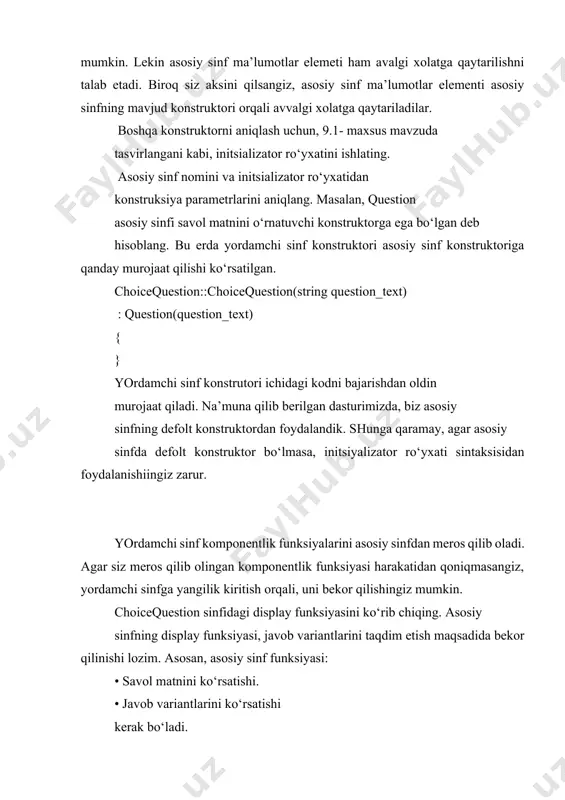 turli siflarning ob’ektlarini to‘plaganingizda, va komponentlik funksiyasini faollashtirganingizda, to‘g‘ri bo‘lgan komponentlik funksiyasini qo‘llanillishini istaysiz. masalan, display komponentlik funksiyasini question* ko‘rsatgichi uchun chaqirganingizda, bu choicequestionga ishora qilinganda sodir bo‘lib, variantlar namoyish etilishini xoxlaysiz. samaradorlik nuqtai nazaridan, bu defolt c++ emas. defolt : quiz[i]­>display(); chaqirig‘i doimo question::displayni chaqiradi,chunki quiz[i] turi question*ga oid. shunga qaramay, bu xolatda siz haqiqatdan ham quiz[i]ga ishora qiluvchi ob’ektning muhim turini aniqlashni istaysiz, u yo question yoki choicequestion ob’ekti bo‘ladi, keyin esa to‘g‘ri keladigan funksiyani chaqiraerasiz. c++da, siz kompilyatorni, funksiyaning chaqirilishi mos keluvchi funksiya tanlovidan oldin bo‘lishi kerakligi haqtda ogohlantirishingiz shart, bu esassikldagi har bir iteratsiya uchun turlichadir. bu maqsadda, virtual yashirin so‘zni ishlating: class question { public: question(); void set_text(string question_text); void set_answer(string correct_response); virtual bool check_answer(string response) const; virtual void display() const; private: ...}; virtual yashirin so‘z asosiy sinfda ishlatilishi kerak. yordamchi sinfda bir nom va turli parametr turlarigi ega bo‘lgan funksiyalarning barchasi keyinchalik avtomatik ravishda …