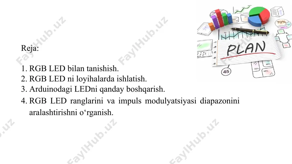 i. modelni yig‘ish uchun quyidagilar kerak bo’ladi: arduino platasi uch rangli led arduino ide dasturi, uni arduino veb -saytidan yuklab olish mumkin. agar rezistorlarsiz led ishlatilsa, : panel (doska) 4 ta "papa-papa" simlari 220 om uchun 3 resistor ham kerak bo’ladi modelning arduinoga ulanish sxemasi: o‘rnatilgan rezistorlarsiz uch rangli led bilan ishlashda shuni yodda tutish kerakki, led oyog‘ining maqsadi uning uzunligi bo‘yicha aniqlanishi mumkin. eng uzun yer (gnd), qisqaroq yashil (g), yanada qisqarog’i ko‘k (b) va eng qisqa oyoqchasi qizil (r). o‘rnatilgan rezistorlar bilan uch rangli ledli arduino modeli uchun ulanish sxemasi: o‘rnatilgan rezistorlarsiz uch rangli ledli arduino modelini ulash sxemasi: arduinoga tugmacha led bilan shunday ko‘rinishda ulanadi: ko‘p rangli ledlar, yoki ular rgb deb ham ataladi, dinamik ravishda o‘zgarib turadigan orqa nuri rangini ko‘rsatish va yaratish uchun ishlatiladi. ichki qurilma rgb led-bitta paketda birlashtirilgan uchta bitta rangli kristal. rgb nomi har bir kristal chiqaradigan ranglarga ko‘ra qizil - qizil, …