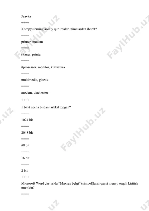 elda срзнач(a5:a50) funksiyasi nimani hisoblaydi? ==== a5 dan a50 gacha bo’lgan yacheykalardagi sonli qiymatlarning ko’paytmasi ==== a5 dan a50 gacha bo’lgan yacheykalardagi sonli qiymatlarni oladi ==== a5 dan a50 gacha bo’lgan yacheykalardagi sonli qiymatlarning yig’indisini hisoblaydi ==== # a5 dan a50 gacha bo’lgan yacheykalardagi sonli qiymatlarning o’rtacha qiymatini hisoblaydi ++++ yacheyka bu ... ==== jadvaldagi manzili ko’rsatiladigan va birinchi va ikinchi qatorlar oralig’ida joylashgan elemenlardir ==== #jadvaldagi manzili ko’rsatiladigan qator va ustun kesishgan joy ==== jadvaldagi manzili ko’rsatiladigan birinchi va ikkinchi ustunlar ++++ excel dasturi fayllarining kengaytmasi? ==== #xls ==== exe ==== ebx ++++ microsoft excel dasturida yangi hujjat yaratilganda, odatda avtomatik ravishda dastur tomonidan unga qanday nom beriladi ==== dokument1, dokument2 ==== ms excel ==== prezentatsiya ==== #книга1, книга2 ... ++++ excelda jadvalga yangi satr qo’shish ==== #vstavka-stroki ==== fayl-parametri stranitsi. ==== fayl-soxranit kak ++++ microsoft excel – bu: ==== matn muxarriri ==== ma’lumotlar bazasi ==== #elektron jadval ++++ …