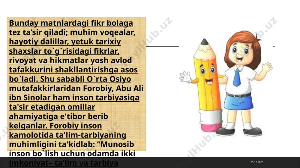 lari ustida ishlashiga to`g`ri keladi. publitsistik matnning tili pishiq, aniq, ifodali, ravon, ixcham, jonli bo`lib, u nutqning jangovarligi, ta’sirchanligi, o`qimishliligi va ommabopligini ta’minlaydi. 23.04.2024 ilmiy-ommabop matnlarda esa ayrim murakkab tushunchalarga aniqlik kiritiladi va ular ko`pchilikning tushunishiga moslashtirilgan holdanberiladi. unda tasvir unsurlaridan ham foydalaniladi. 23.04.2024 1- sinf o`qish kitobidagi ijtimoiy mavzudagi, tarixiy shaxslar, mutafakkirlar hayotiga oid ixcham, 4-5 misradan 10-15 satrgacha bo`lgan ilmiy ma’lumotlarni ilmiy-ommabop matnlar tarzida; 2-3-4-sinf o`qish kitoblargidagi ijtimoiy-hayotiy masalalar, tarixiy shaxslar, hayotiy voqealar, buyuk mutafakkirlar haqidagi mulohazalarga to`yingan matnlarni ilmiy-ommabop maqola shaklida ishlatish mohiyatan o`rinli. boshlang`ich sinf o`qish kitoblarida maqola so`zi deyarli ishlatilmaydi. yuqorida qayd etilganidek, matn tarzida qo`llanib kelayotir. e’tiboringiz uchun rahmat! 23.04.2024 image1.jpeg image2.png image3.png image4.jpeg image5.png image6.png image7.png image8.jpeg image9.png image10.png image11.png image12.jpeg