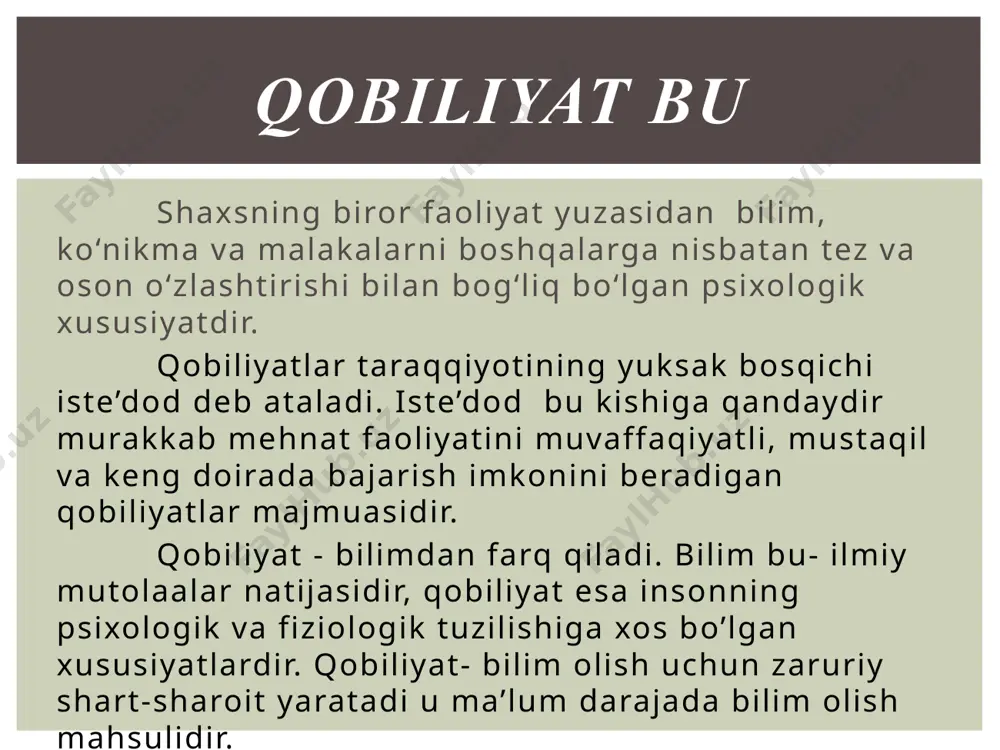 еrsеptiv qobiliyat ixcham, ma'noli, ohangdor, muayyan ritm chastotaga ega bo‘lgan nutq, nutqning jarangdorligi, uning pauza, mantiqiy urg‘uga rioya qilishi o’qituvchining pedagogik jamoa va ota- onalar bilan o’zaro muloqotga kirishishida muhim bo’lib, bunda o’qituvchi muomala madaniyatini muntazam o’zida singdirib shakllantirib borishi lozim. 4. kommunikativ , nutqiy qobiliyat sinf guruhi yoki kursni uyushtirish va uni boshqarish istе'dodi ya’ni sinf o’quvchilarining o’qituvchi tomonidan turli jamoat ishlariga va to’garaklarga jalb qila olishida namoyon bo’ladi. 5. tashkilotchilik qobiliyati insonning kеlajagini oqilona tasavvur qilish bashorati tarbiyalanuvchilar- da qanday fazilatlar- ni taraqqiy ettirish lozimligini oldindan aytib bera olishidir. 6. psixologik tashxis (diagnoz) qobiliyati qobiliyati (bir nеcha ob'еktlarga bir vaqtning o‘zida ongini qarata olish); o’qituvchida diqqat- ning barcha xusu- siyatlari: hajmi, idora qilinishi, safarbarligi taraqqiy etgan bo’lishi muhimdir. 7. diqqatni taqsimlash bilim oluvchi- larni tashabbus- korlikka, ijodga yo’naltirish va ijodkorlikni shakllantirish. 8.tashabbusga, ijodga ilhomlantirish qobiliyati tadqiqotga layoqatlilik yangilik yarata olish ya’ni o’qituvchi o’z fa- nini chuqur bilishi amaliyotda …