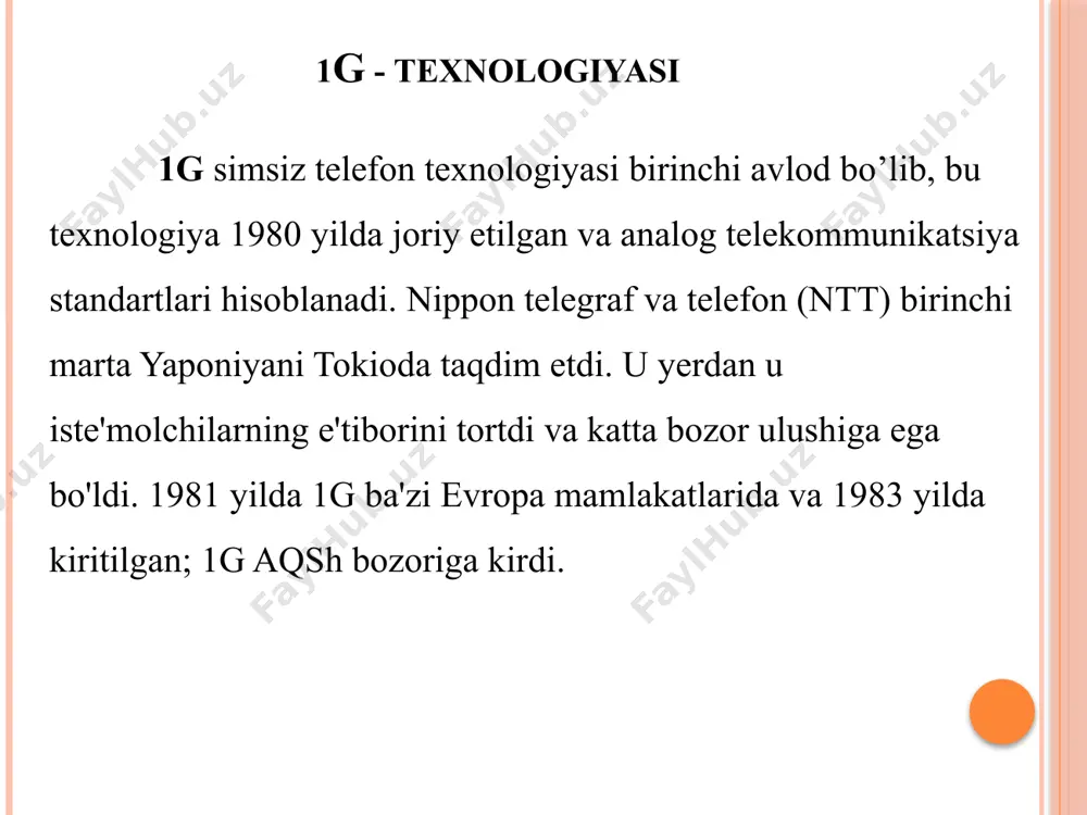 kengligidan foydalanishi mumkin, lekin faqat ma'lum vaqt oralig'ida. bunday vaziyatda, asosiysi, qo'shni vaqt oralig'idagi signallar bir-birining ustiga tushmasligidir. cdma cdma (code division multiple access) - bu kod bo'linishiga ko'p kirish usuli. bu usul fdma va tdma boshqa ikkita eng keng tarqalgan kanal bo'linish usullaridan farq qiladi, chunki kodlar vaqt va chastotadan farqli o'laroq, aloqa kanalining aniq resursi emas. amalga oshirishning murakkabligiga qaramay, bu usul radioaloqada uzoq vaqtdan beri qo'llanilgan boshqa bir nechta kirish usullarida mavjud bo'lmagan juda jozibali afzalliklarga ega. gsm 900 standarti gsm 900 standarti ikkita chastota diapazonidan foydalanadi. birinchi diapazon, 890-915 mgts, ma'lumotlarni mobil stantsiyadan yuqoriga ulanish diapazoni deb ataladigan tayanch stantsiyaga uzatish uchun kerak. ikkinchi diapazon, 935-960 mgts, ma'lumotlarni tayanch stantsiyadan mobil stantsiyaga, pastga yo'naltirilgan diapazonga uzatish uchun kerak. 3g - texnologiyasi 3g - bu keyingi avlod bo'lib, har tomonlama yaxshi xizmatlarni taklif etadi. 3g ni 2001 yilda ishga tushirgan va xalqaro telekommunikatsiyalar ittifoqi (itu) tomonidan o'rnatilgan …