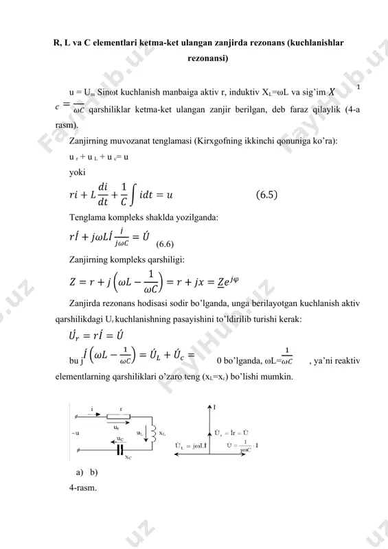 nda, ularning manba chastotasiga bog’liqligini ko’rib chiqamiz. 6-rasm. egri chiziq z(ω) ga binoan (6.5-a rasm) tok: chastota ω=0 bo’lganda, z(0)=∞ bo’lgani uchun nolga teng. noldan boshlab i(ω) egri chizig’i ω=ω0 nuqtada maksimumga erishadi; chunki bu yerda z(ω0) = r, ya’ni minimaldir. shundan so’ng z (ω)→∞ (6.6rasm) tufayli nolgacha monoton kamayib boradi. egri chiziq ur(ω)=ri(ω) qandaydir o’zga masshtabda i(ω) egri chiziqni takrorlaydi va uning maksimumi bo’lganda (rezonans) kirish kuchlanishi u ga teng. induktivlik va sig’imdagi kuchlanishlar tegishlicha quyidagi funksiyalar bilan ifodalanadi: chastota ω=0 va ω=∞ bo’lganda, ularning miqdori tegishlicha ul (0)=0; uc(0)=u va ul(∞) =u, uc(∞)=0 bo’ladi. buning sababi quyidagicha: ω=0 bo’lganda, tok i=0 va manbaning barcha kuchlanishi kondensator c ning qismlariga to’planadi, chunki uning qarshiligi o’zgarmas tok bo’yicha ∞ga teng. chastota ω→∞ da tok yana nolgacha kamayib, manbaning kuchlanishi g’altak qismlariga to’planadi, chunki uning qarshiligi xl =ωl cheksiz katta bo’ladi. rezonans nuqtasida (ω=ω0) ul va uc kuchlanishlar o’zaro teng va …
