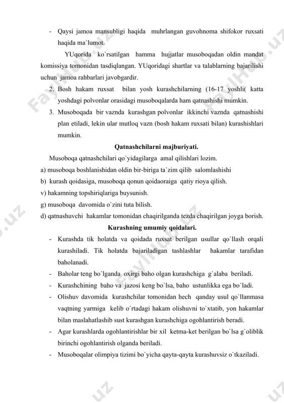 tanishtiradi.(bu ishora olishuvda g`alaba qilgan kurashchiga nisbatan xam ishlatiladi. 2. “ta`zim”- kurashchilar o`ng qo`llarini chap ko`ksiga tutgan xolda bir-birlariga bo`yin va gavdani egib salomlashish uchun ishlatiladigan ibora. bu iborani ishlatganda xakam ikkala qshlini kaftlari bilan oldinga qaratgan xolda balanddan bukib. qshllarini ichkariga aylantirish ishorasini qiladi bu vaqtda ikkala qshlning barmoqlari bir-biriga uchma-uch xolga kelishi kerak. 3. “o`rtaga” - bu so`z ikkala kurashchining bir-birlariga yaqinlashib xalol mardana olishishlariga undovchi so`z xakam qo`llarini ikki tomonga yoygan xolatda va shu xolatni to`xtamasdan o`rtaga ishorasini ko`rsatadi , ya`ni qo`l kaftlarini bir-birlariga qaratib, yelka kengligiga olib keladi. 4. “kurash” –kurashchilar bir-birlariga ta`zim qilib, salomlashgandan keyin olishuvni boshlash uchun xakam tomonidan ishlatiladigan ibora.xakam o`ng qo`lini kaftlari bilan yon tomonga qaratgan xolda tirsakdan bir oz bukib ishora qiladi. 5. “to`xta” – olishuv davom etayotgan vaqtda olishuvni to`xtatish uchun ishlatiladigan ibora.bu vaqtda xakam o`ng qo`lini kafti bilan oldinga qaratgan xolda ( barmoqlar, bir joyga jipslashgan) oldinga cho`zib ishora …
