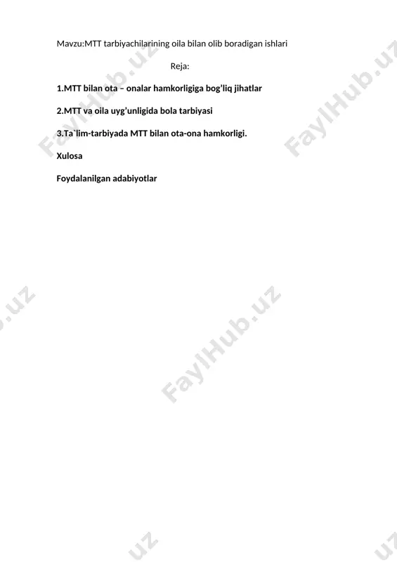 oila va uning tarkibi. bu tarkibiy qism 11 punkdan iborat savol bo’lib, unga oid javoblar ham tayyorlandi va to’g’ri javob deb bilgan javobingizni aylana ichiga oling, degan tavsiya berilgan. iii. oilada bola tarbiyasiga oid shart – sharoitlar mavjudligi. bu tarkibiy qismda 23 ta savol va turli javoblar, to’g’ri deb bilgan javobingizni aylana ichiga oling, degan tavsiya berilgan. iv. oilada bolaning barkamol bo’lishiga ma’naviy asos yaratilganligi. bu tarkibiy qism ikkiga, ya’ni 4.1. – otalar uchun savollar va 4.2. – onalar uchun savollarga bo’lindi. ularning birinchisida 10 ta, ikkinchisida 11 ta savol olindi va yuqoridagi kabi talab qo’yildi. v. oilada bola tarbiyasi uchun moddiy asoslarning mavjudligi. bu tarkibiy qism bo’yicha 10 ta savol olindi va ularga yuqoridagi kabi takliflar berildi. vi. farzandni maktabga tayyorlashga oiladagi shart – sharoitlar mavjudligi. bu tarkibiy qismda 10 ta savol bo’lib, unga mos turli javoblar berilgan va bu yerda ham to’g’ri javobni aylana ichiga olib belgilash taklif …