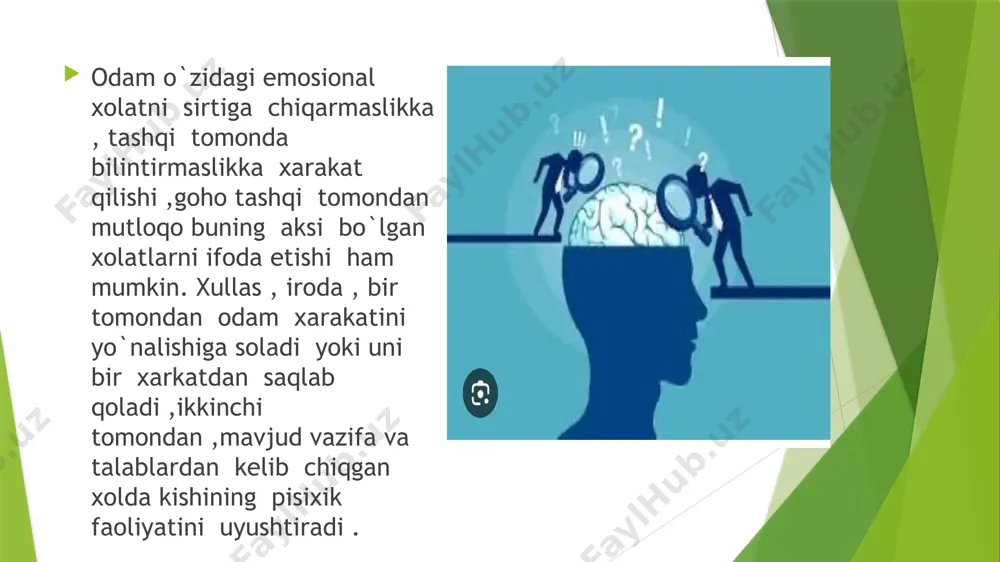 iga, kishining turmush tajribasi va bilimlariga, dunyoqarashi, temperament va xarakteriga, boshqa kishilarning maslaxati, buyrug`i, takliflariga bog`likdir. bundan tashqari, maqsadning ahamiyatliligiga, birorta qarorga keltiruvchi faoliyatning xarakteriga ham bog`lik bo`ladi. qat’iyat faqat tezlik bilan qarorga kelishdagina emas balki, qarorni tez va dadil bajarishda xam zoxir bo`ladi. tezlik bilan qarorga kelish vaa uni belgilangan muddatda bajarish – qat’iyatni namoyish qilish demakdir. qabul qilingan qaror mustaxkam yoki bo`sh bo`lishi mumkin. bir marta qabul qilinib, keyinchalik o`zgartirilmaydigan va ma’lum vaqt davomida albatta bajariladigan qaror qat’iy va mustaxkam qaror deyiladi. qaror qabul qilinsayu, keyin yo o`zgartirilsa, yoki boshqa yangi qaror bilan almashtirilsa, yoxud butunlay bekor kilinsa, bunday qaror bo`sh qaror deyiladi. qat’iy va mustaxkam qarorga kelish irodaning ijobiy xususiyatidir. qaror unga muvofik keladigan choralar ko`rish va xarakat qilish uchun qabul qilinadi qarordan xarakatga o`tishni qarorni ijro etish deyiladi. irodaning eng muhim va asosiy bosqichi qarorni ijro etishdir. odatda irodaviy xarakatlar 2 xil: jismoniy va aqliy bo`ladi. …