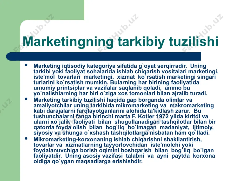 oshqarish uning maxsus xizmati orqali olib boriladi. marketing xizmati har bir korxonada bajarilishi ko`zda tutilgan o`ziga xos aniq vazifalar, ishchilarning huquq va burchlari, korxonaning boshqa bo`limlar bilan o`zaro munosabati va boshqalar hisobga olingan nizom asosida tashkil etiladi. marketing xizmati marketing xizmati-bu bozor iqtisodiyotiga o`tish sharoitida korxona boshqaruvi uchun yetishmay turgan shunday bir faoliyat turiki, u ishlab chiqarish, moliya, savdo-xo`jalik, texnologik, kadrlar masalasi va boshqa sohalarda bozor zahiralarini qondirish va foyda olishga asoslangan yo`nalishlar jarayonini yaratadi. marketing xizmati vazifalari-uning o`ziga xos tamoyillari asosidan kelib chiqadi. bunga quyidagilar kiradi: - korxonalarda ishlab chiqarilgan mahsulotlar va bozor haqidagi axborotlarni to`plash va tahlil qilish; - korxonaning mahsulot ishlab chiqarish, savdo va xo`jalik faoliyati, reklama qilish, moliyaviy va boshqa jixatlar bo`yicha manfaatlariga mos qaror qabul qilish uchun zarur hisob-kitob ko`rsatkichlarini tayyorlash; - talab shakllanishini faollashtirish va sotishni tezlashtirish. tashkiliy tarkib boshqaruvini engillashtiradigan, yuqori natijalarga yetkazadigan qonun-qoidalar mavjud. ular quyidagilardan iborat: 1. boshqaruvning tashkiliy shakli oxirigacha …