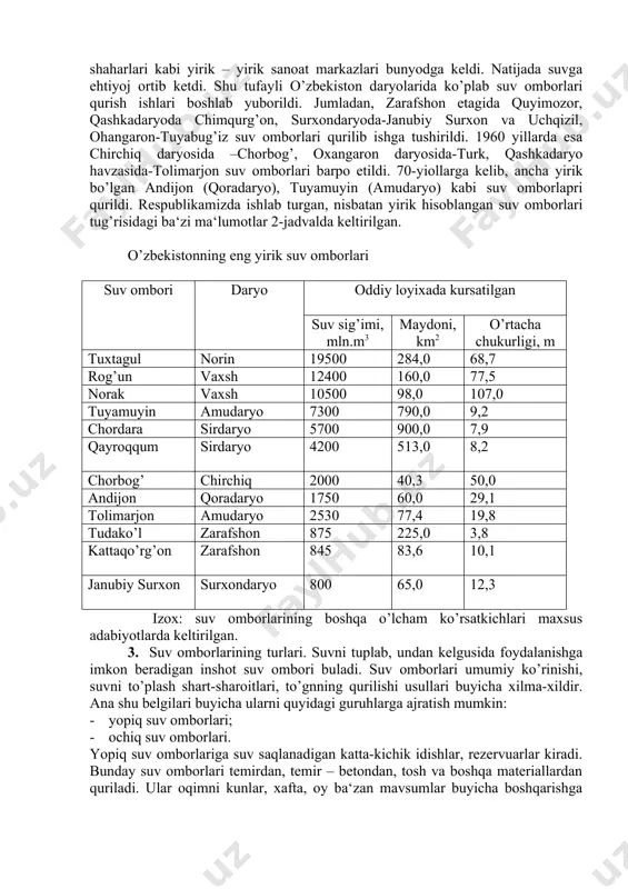 7,5 norak vaxsh 10500 98,0 107,0 tuyamuyin amudaryo 7300 790,0 9,2 chordara sirdaryo 5700 900,0 7,9 qayroqqum sirdaryo 4200 513,0 8,2 chorbog’ chirchiq 2000 40,3 50,0 andijon qoradaryo 1750 60,0 29,1 tolimarjon amudaryo 2530 77,4 19,8 tudako’l zarafshon 875 225,0 3,8 kattaqo’rg’on zarafshon 845 83,6 10,1 janubiy surxon surxondaryo 800 65,0 12,3 izox: suv omborlarining boshqa o’lcham ko’rsatkichlari maxsus adabiyotlarda keltirilgan. 3. suv omborlarining turlari. suvni tuplab, undan kelgusida foydalanishga imkon beradigan inshot suv ombori buladi. suv omborlari umumiy ko’rinishi, suvni to’plash shart-sharoitlari, to’gnning qurilishi usullari buyicha xilma-xildir. ana shu belgilari buyicha ularni quyidagi guruhlarga ajratish mumkin: · yopiq suv omborlari; · ochiq suv omborlari. yopiq suv omborlariga suv saqlanadigan katta-kichik idishlar, rezervuarlar kiradi. bunday suv omborlari temirdan, temir – betondan, tosh va boshqa materiallardan quriladi. ular oqimni kunlar, xafta, oy ba‘zan mavsumlar buyicha boshqarishga muljallanadi. o’lkamizda juda qadimdan mavjud bulgan sardoblarni ham ana shunday suv omborlari tiriga kiritish mumkin. …