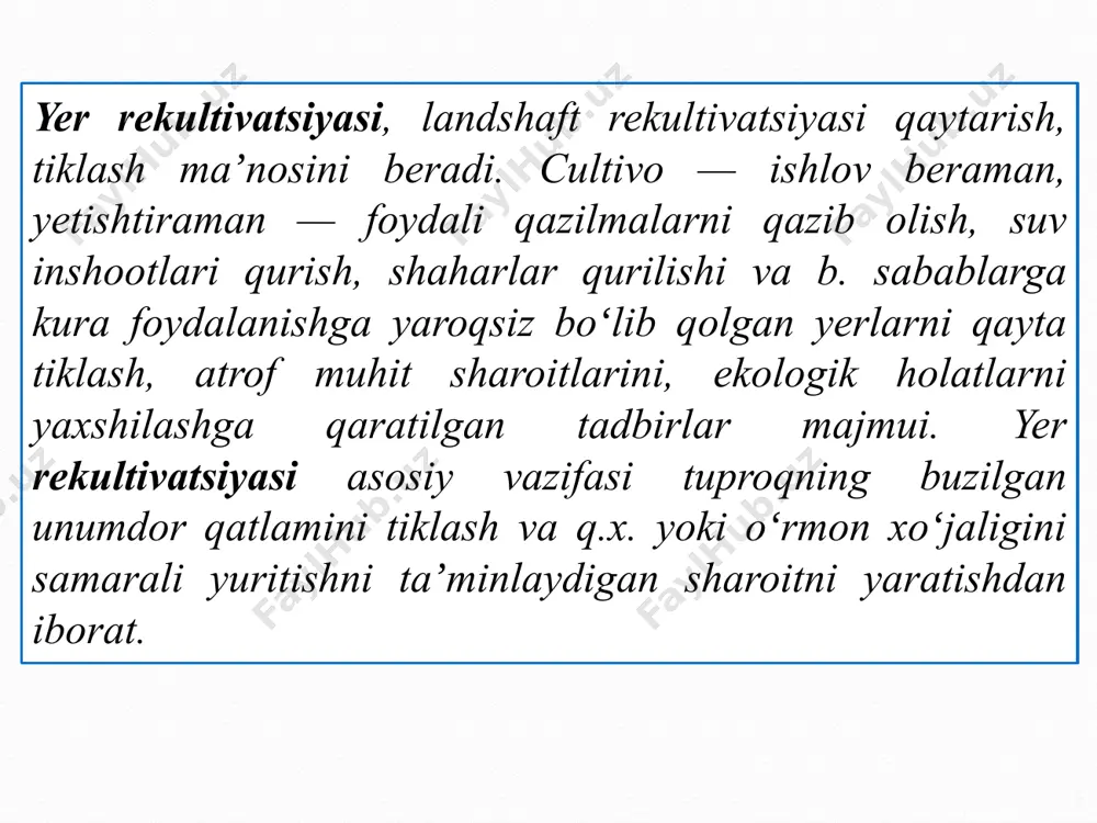 digan yer maydoni kulami 20,6 ming gektarga yetkazilishi rejalashtirilgan. uzbektonda sanoat chiqindilari bilan band bulgan yerlar kuproq olmaliq-ohangaron sanoat tuguni hududida uchraydi. bu esa zudlik bilan bunday yerlarni rekultivatsiya qilish kerakligini taqozo etadi. назорат саволлари ноқишлоқ хўжалик объектларининг ердан фойдаланишларини ташкил этиш лойиҳаларини ишлаш нима учун зарур? атроф муҳитга ва ҳудудни ташкил этишга таъсири бўйича ноқишлоқ хўжалик ердан фойдаланишларини қандай бўлиш мумкин? ноқишлоқ хўжалик ердан фойдаланишларини ташкил этишда қишлоқ хўжалигининг устиворлиги тамойили нималардан иборат бўлади? ноқишлоқ хўжалик ердан фойдаланишларини ташкил этишда қандай талаблар бажарилиши керак? ноқишлоқ хўжалик ердан фойдаланишларини ташкил этиш жараёни қандай босқичларни ўз ичига олади? ноқишлоқ хўжалик ердан фойдаланишларини ташкил этиш лойиҳасининг қандай таркибий қисмлари бор? бериладиган ер участкасининг майдони қандай усулларда аниқланади? қишлоқ хўжалиги ишлаб чиқариши зарарларини қоплаш ҳажми қандай миқдорда ва қандай қилиб аниқланади? ер эгаликлари ва ердан фойдаланувчиларнинг зарарлари нималардан иборат бўлади ва улар қандай ҳисобланади? тупроқларнинг унумдор қатламини қирқиб олиш ва ундан фойдаланиш, бузилган …