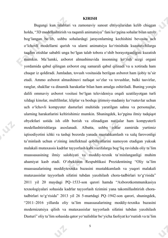 alab qiladi. chunki noto‘g‘ri yoritilgan model yoki sahna realistik ko‘rinmaydi, natijada foydalanuvchi yoki tomoshabin uchun vizual tajriba kamroq qoniqarli bo‘ladi. blender dasturi yoritish tizimlari jihatidan juda moslashuvchan bo‘lib, eevee va cycles kabi ikkita asosiy render tizimini o‘z ichiga oladi. eevee — real vaqt rejimida ishlovchi tezkor render tizimi bo‘lib, video o‘yinlar va harakatli grafikalar uchun juda mos keladi. cycles esa fizikaga asoslangan ray-tracing texnologiyasi orqali ancha realistik natijalar yaratadi. ushbu kurs ishida ushbu ikkala tizimning yoritish imkoniyatlari, afzalliklari va kamchiliklari batafsil tahlil qilinadi. ushbu kurs ishining asosiy maqsadi — blender dasturida yoritish tizimini o‘rganish, turli yoritish manbalarining ishlash tamoyillarini tahlil qilish va amaliy misollar asosida ularning ta’sirini ko‘rsatishdir. shu bilan birga, ushbu mavzu doirasida quyidagi vazifalar amalga oshiriladi: kompyuter grafikasi va uning asosiy tamoyillarini tahlil qilish – yoritishning 3d modellashtirishdagi o‘rnini o‘rganish, blender dasturining imkoniyatlarini o‘rganish – ushbu dasturda ishlatiladigan render tizimlari va yoritish usullarini tushuntirish, blender yoritish manbalarini tahlil …