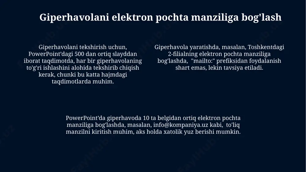 basiga asoslanib. har bir slaydda 7 ta dan ortiq nuqta bo'lmasin, chuni bu ma'lumotni haddan tashqari yuklaydi va tomoshabinlarning tushunishini qiyinlashtiradi, masalan, xorazm viloyatida o'tkazilgan tadqiqotlar shuni ko'rsatdi. taqdimotingiz davomida 5 dan ortiq slayddan foydalanmang, chunki ko'p slayd tomoshabinlarning e'tiborini tarqatib yuborishi mumkin, ayniqsa toshkentdagi katta auditoriya uchun. matnga giperhavola qo'shish powerpoint’da 3 xil giperhavola turi mavjud: ichki (prezentatsiya ichidagi slaydlarga), tashqi (veb-saytlarga yoki boshqa fayllarga) va elektron pochta manzillariga. to'g'ri turini tanlash muhim. giperhavola qo'shishda faylning aniq manzilini, masalan, "c:\hududlar\toshkent\2023 hisobot.docx" yo'lini ko'rsatishingiz yoki veb-sayt manzili, masalan, "www.example.com/sahifa-3" ni kiritishingiz mumkin, bu esa powerpoint prezentatsiyangizni yanada interaktiv qiladi. giperhavolalarni qo'shishda, masalan, 5-slayddagi rasmga giperhavola qo'shsangiz, uni bosganingizda foydalanuvchini 10-slaydga yoki tashqi manzilga, masalan, "www.wikipedia.org" saytiga olib boradigan aloqani o'rnatishingiz mumkin. powerpoint da giperhavola qo'shishning asosiy usullari powerpoint’da giperhavola qo'shishning eng tezkor usuli – matnni yoki rasmni belgilab, o'ng tugmani bosish orqali "giperhavola" bandini tanlash va manzil sifatida 3-betdagi slayd …