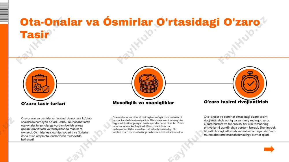 a asosiy o'rin tutadi. ijtimoiy qiyinchiliklar ota-onalar ko'pincha zamonaviy ijtimoiy muammolar, masalan, iqtisodiy qiyinchiliklar va stress bilan kurashish paytida qo'shimcha qiyinchiliklarga duch keladilar. bu, o'z navbatida, farzandlar tarbiyasiga salbiy ta'sir ko'rsatishi mumkin. yangi tarbiya uslublari texnologiyaning rivojlanishi va ta'lim tizimidagi yangiliklar ota-onalarga yangi tarbiya uslublarini o'zlashtirish imkonini beradi. bu, ularning farzandlari bilan aloqalarini yaxshilashga yordam beradi. ijtimoiy izolyatsiya ijtimoiy izolyatsiya va oila ichidagi munosabatlardagi muammolar ota-onalar va ósmirlar o'rtasidagi aloqalarni susaytirishi mumkin. bu ijtimoiy muhitda bolalarning rivojlanishiga salbiy ta'sir ko'rsatadi. logo company s w o t xulosa 1. ota-onalar va ósmirlar o'rtasidagi munosabatlar muhim ahamiyatga ega. ota-onalar o'z farzandlari uchun tayanch va yo'l ko'rsatuvchi bo'lishi kerak. 2. ijobiy aloqa, tushunish va qo'llab-quvvatlash munosabatlarni kuchaytiradi va o'zaro hurmatni oshiradi. 3. aloqa qiyinchiliklarini yengish uchun usullar va strategiyalarni o'rganish zarur. 4. ota-onalar tarbiyasidagi roli, psixologik yondashuvlar va ijtimoiy foydalari tarbiya jarayonida muhim o'rin tutadi. 5. ota-onalar va ósmirlar o'rtasidagi ijtimoiy aloqalarni kuchaytirish …