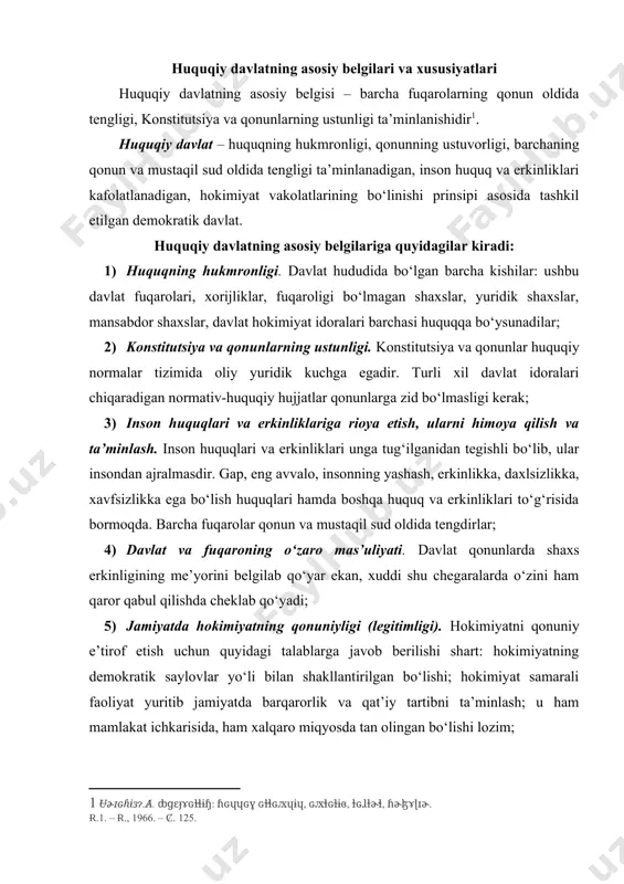 lik va qat’iy tartibni ta’minlash; u ham mamlakat ichkarisida, ham xalqaro miqyosda tan olingan bo‘lishi lozim; 6) hokimiyat vakolatlarining taqsimlanishi. davlat hokimiyati bir qo‘lda to‘planib qolmasligi uchun hokimiyatning uchta tarmog‘i – qonun chiqaruvchi, ijro etuvchi va sud hokimiyatini ajratib qo‘yish kerak. ushbu hokimiyat tarmoqlarining har biri o‘z vakolati doirasida amal qiladi; 7) sudning mustaqilligi. sud, davlat hokimiyatining boshqa ikki tarmog‘i kabi mustaqildir. boshqacha aytganda, sud faoliyatiga hech kimning aralashishiga yo‘l qo‘yilmaydi; 8) huquqni muhofaza qiluvchi idoralarning samarali ishlashi. agar inson huquqlari va erkinliklari poymol etilsa yoki bunga tahdid mavjud bo‘lsa, huquqni muhofaza qiluvchi idoralar unga yordam berishlari kerak. ular bu huquq va erkinliklarni himoya qilishlari kerak; 9) huquqiy madaniyatning yuksak darajada ekanligi. huquqiy madaniyatning eng muhim ko‘rsatkichi jamiyatdagi huquqiy ong darajasidadir. huquqiy ong – huquqqa munosabat, qonun talablarini bajarish zarurligini anglash darajasini ifodalaydigan huquqiy qarashlar yig‘indisi. huquqiy madaniyat amaldagi qonunlarni bilishda, huquqni hurmat qilishda, huquqiy qoidalarga rioya etishda namoyon bo‘ladi; …