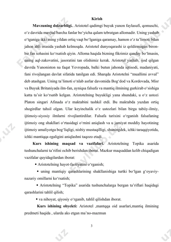 mana shunday buyuk mutafakkirning ilmiy faoliyatidagi o‘ziga xosliklarni, ularning tarixiy ahamiyatini, ilmiy jihatdan qimmatlilik darajasini o‘rganish, nima sababdan aristotel arximed, diogen, geraklit, demokrit kabi buyuk mutafakkirlar qatorida tilga olinadi, nega uning asarlari sharq mamlakatlarida ham keng tarqalgan?, degan savollarga javob topish ko‘pchilikda katta qiziqish uyg‘otadi. arastuning otasi nikomax makedoniya hukmdori amint ii ning shaxsiy kotibi bo‘lgan. shu sababli makedoniyaning bo‘lg‘usi hukmdori filipp bilan yoshligidayoq tanishgan. miloddan avvalgi 367-347-yillarda faylasuf aflotunning akademiyasida tahsil olgan. miloddan avvalgi 343-yildan boshlab makedoniyalik aleksandrga ustozlik qila boshladi. makedonskiy taxtga o‘tirgach, aristotelga bag‘ishlab haykal barpo ettiradi. arastu peshonasiga sochini tushirib, kalta soqol qo‘yib yurgan. miloddan avvalgi 336-yilda arastu afina shahrida o‘zining xususiy maktabini ochadi. arastu o‘tkir zehn sohibi bo‘lgan. u 44270 satrdan iborat 28ta kitob yozgan. asosiy qism: aristotel- miloddan avvalgi 384-yilda frakiyaning stagira arastuning otasi nikomax makedoniya hukmdori amint ii ning shaxsiy kotibi bo‘lgan. shu sababli makedoniyaning bo‘lg‘usi hukmdori filipp bilan yoshligidayoq tanishgan. miloddan avvalgi …