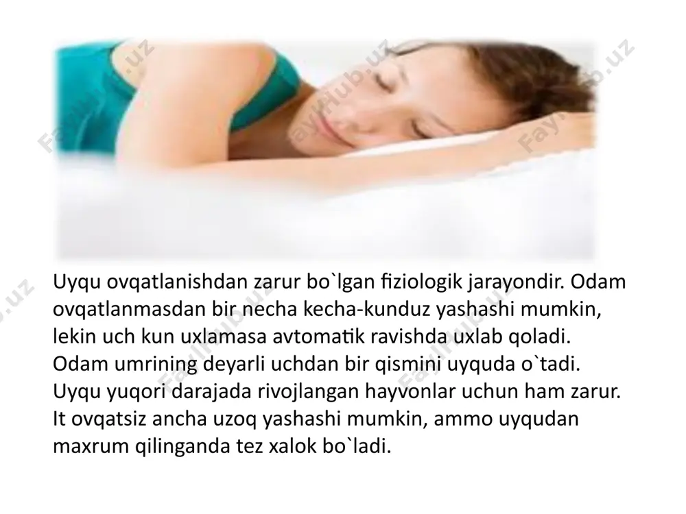 йди. gipnozga moyillik odamning yoshiga, jinsi va salomatliligi, charchaganliga, idroki va boshqa shaxsiy xususiyatlariga bog`liq. gipnoz vaqtida gipnozchi gipnotikning ongiga ta`sir o`tkazadi, uning xoxishi bilan hisoblashmasdan o`zi xoxlagan narsaga ishontiradi. gipnoz nazariyasi hali to`liq ishlab chiqilmagan. psixologiya nuqtai nazaridan gipnoz odam idrokining taslim bo`lishi va gipnozchining buyruqlarini ko`r-ko`rona bajarishidan iborat. gipnoz vaqtida odamning oliy nerv faoliyati keskin o`zgaradi, uni sezgilari o`zgarganiga masalan og`riqni yo`qolganiga ishontirish mumkin. туш кўриш: янги туғилган чақалоқларда ---- 21 соат 6 ойдан - 1 ёшгача ---- 15 соат 4 ёшда ---- 12 соат 10 ёшда ---- 10 соат 14 ёшда ---- 8-9 соат катта ёшда ---- 7-8 соат одамда ҳаётнинг 1/3 қисми уйқу билан ўтади туш кўриш сабаблари ва ҳушёрлик : ухлашга халақит беради ташқи сигналлар (ёруғлик, овоз) ички сигналлар (оғриқ, очлик, хаёллар) гумораль сигналлар (адреналин) уйқуга ёрдам беради кеча ва кундузнинг алмашиши одатий ҳолат шартли рефлекслар ташқи таъсирлар (иссиқлик, паст тонли ҳолат, уйқу дорилар) ички …