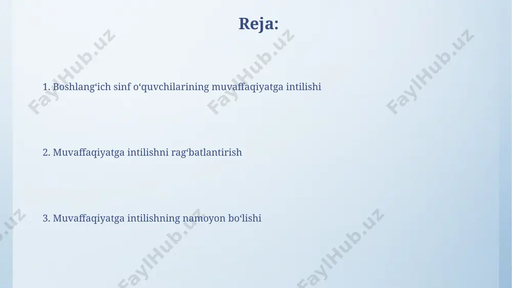 023 yildagi yangi tadqiqotlari, toshkent shahridagi maktablarda o'quvchilarning o'z-o'zini baholash ko'nikmalarini rivojlantirish, ularning muvaffaqiyatga intilish darajasini sezilarli darajada oshirishga yordam berishini ta'kidlaydi. muvaffaqiyatga intilishning ijobiy va salbiy tomonlari muvaffaqiyatga intilish, 7 yoshli toshkentlik bolalarning 85%ida kuzatiladi, bu o'z-o'zini hurmat qilishning oshishiga olib keladi, ammo ba'zan haddan tashqari bosim va stressga ham sabab bo'lishi mumkin. 2018 yilgi samarqanddagi tadqiqotlar shuni ko'rsatdiki, muvaffaqiyatga intilish maktabdagi yutuqlarni 20% ga oshirsa-da, ijtimoiy hayotga salbiy ta'sir ko'rsatib, do'stlik munosabatlariga zarar yetkazishi mumkin. e'tiboringiz uchun rahmat @taqdimot_robot image4.png image5.jpg image6.jpg image7.jpg image8.jpg image9.jpg image3.jpeg