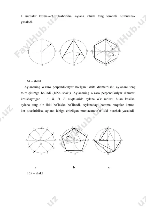ashtirish. o1 markazdan r1 + r radiusli yordamchi yoy va r masofada berilgan to’g’ri chiziqqa parallel chiziq o’tkaziladi. ularning kesishuv o nuqtasi topiladi. bu nuqta tutashtirish markazi bo’ladi. o va o1 nuqtalarni birlashtirib, k1 tutashtirish nuqtasi, o nuqtadan berilgan to’g’ri chiziqqa perpendikulyar tushirib, k nuqtasi topiladi. to’g’ri chiziq bilan aylanani ichki tutashtirish(169-shakl). ichki tutashmada r- r1 ga teng qilib olinadi. yasashlarning qolgan yo’li yuqoridagidek bajariladi. 169 – shakl ikki aylanani tashqi tutashtirish. o1 markazdan r + r1 radius bilan ikkinchi aylana yoyi otkaziladi. ularning kesishuv c nuqtasi tutashtirish markazi boladi. o va o1, o va o2 markazlarni tutashtirib, k1 va k2 tutashtirish nuqtalari topiladi. ikki aylanani ichki tutashtirish(170-shakl). ichki tutashmada r-r1 va r-r2 radiuslarda yordamchi aylana yoylari otkazilib ishlanadi. a b 170 – shakl ikki aylanani ichki va tashqi tutashma vositasida tutashtirish. o1 markazdan r+r1 radiusi bilan va o2 markazdan r-r2 radius bilan yordamchi yoylar otkaziladi. yordamchi yoylarni kesishuv o …