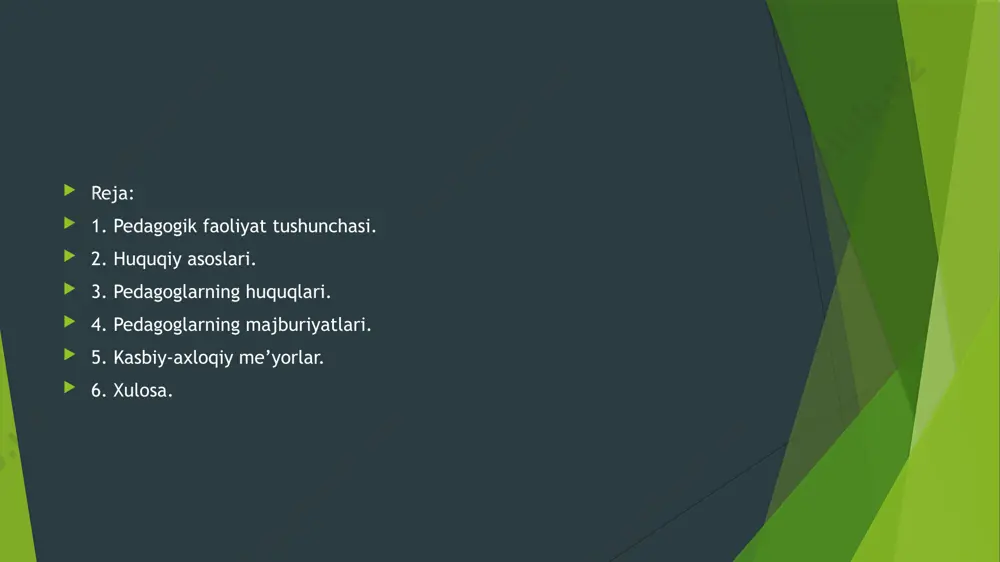 li amalga oshirish. davlat ta’lim standartlariga rioya qilish. talabalarda ma’naviyat, milliy va umuminsoniy qadriyatlarni shakllantirish. o‘quvchilarning huquqlari va manfaatlarini himoya qilish. kasbiy malakasini uzluksiz oshirib borish. o‘z kasb etikasiga amal qilish. kasbiy-axloqiy me’yorlar pedagog nafaqat huquqiy, balki axloqiy-me’yoriy tamoyillarga ham amal qilishi zarur: pedagogik odob. halollik va adolat. o‘quvchilarga nisbatan hurmat va mehr-muhabbat. kamsitmaslik va tenglik tamoyiliga amal qilish. xulosa pedagogik faoliyatning kasbiy-huquqiy asoslari – bu ta’lim tizimini qonuniy va me’yoriy jihatdan tartibga soladigan hujjatlar majmui bo‘lib, ular o‘qituvchi faoliyatining huquqlari, majburiyatlari va javobgarligini belgilaydi. shu asoslar ta’lim sifatini ta’minlash va jamiyat taraqqiyotida pedagoglarning o‘rnini mustahkamlaydi image1.jpg /docprops/thumbnail.jpeg