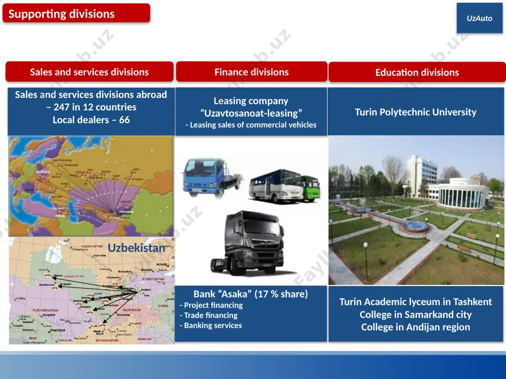 on process in asaka plant comprises all cycles of car manufacturing starting from stamping and welding to painting and final assembly. 7 sales volumes gm uzbekistan 218 000 230 000 235 000 250 000 uzauto gm uzbeksitan production and sales volumes both in domestic market and export show stable growth year by year. in 2013 our plan is production of 250 thousand cars. 8 gm powertrain uzbekistan» authorized fund sc «uzavtosanoat» - 48%, general motors – 52% year of foundation 2008 start of production march 2012 location tashkent total area 40 ha products new generation of engines bdohc 1,2l. and 1,5l. personnel 1200 uzauto cjsc «gm powertrain uzbekistan» founded in 2008 and started production this year. company employs 1200 people. 9 uzauto uzauto (sc «uzavtosanoat») proposals on realization of joint-projects uzauto 10 iron casting and stamping crankshaft engine brackets exhaust manifold cylinder block iron casting bearing cap camshaft stamping connecting …