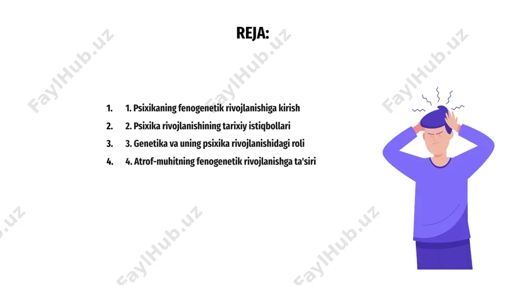 rsatadiki, genlar ruhiy tushkunlik, tashvish va shizofreniya kabi ba'zi psixologik kasalliklarga nisbatan zaiflikka ta'sir qilishi mumkin. genetik belgilarni o'rganish orqali olimlar genetika va psixologik farovonlik o'rtasidagi murakkab o'zaro bog'liqlikni ochishga harakat qilishadi. genetika tadqiqotlari, shuningdek, kognitiv qobiliyatlar, hissiy intellekt va chidamlilikning irsiyligini o'rganadi. psixologik xususiyatlarning genetik asoslarini aniqlash inson xatti-harakati haqidagi tushunchamizni kuchaytirishi va ruhiy salomatlikka individual yondashuvlar uchun tushuncha berishi mumkin. 4. atrof-muhitning fenogenetik rivojlanishga ta'siri atrof-muhit ta'siri psixikaning fenogenetik rivojlanishida, atrof-muhit bilan o'zaro ta'sir qilish orqali shaxs va xulq-atvorni shakllantirishda hal qiluvchi rol o'ynaydi. har bir shaxs ruhiyatining o‘ziga xos rivojlanishiga tarbiya, ta’lim, turli muhit ta’siri kabi omillar yordam beradi. ushbu ta'sirlarni tushunish tashqi omillarning psixologik o'sishga qanday ta'sir qilishini tushunishga yordam beradi va sog'lom rivojlanishga yordam beradigan strategiyalarni taklif qiladi. 5. psixika rivojlanishida tabiat va tarbiyaning o'zaro ta'siri psixikaning fenogenetik rivojlanishi insonning aqliy va hissiy rivojlanishini shakllantirishda tabiat va tarbiyaning murakkab o'zaro ta'sirini o'rganadi. genetika psixologik xususiyatlar …