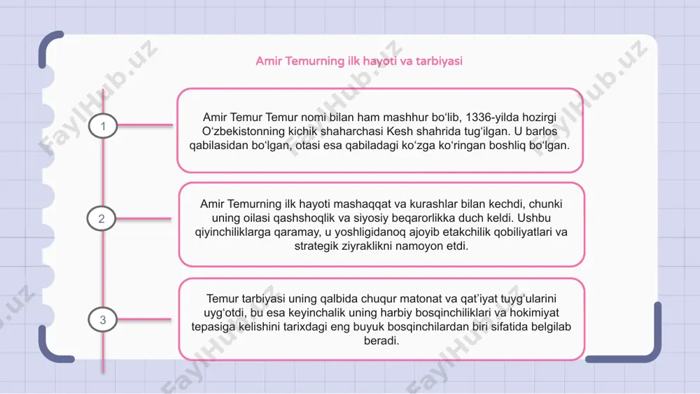 li imperiya barpo etish imkonini berdi. amir temurning madaniy-me’moriy homiyligi temur nomi bilan ham mashhur boʻlgan amir temur 14-asrda oʻrta osiyoda qudratli va nufuzli hukmdor boʻlgan. u madaniyat va arxitekturaga homiyligi bilan tanilgan, bu mintaqada abadiy meros qoldirgan. uning hukmronligi davrida ko'plab ta'sirchan me'moriy inshootlar, jumladan, masjidlar, maqbaralar va madrasalar qurilgan. bu binolar o‘sha davrning boy madaniy va badiiy merosini o‘zida aks ettiruvchi murakkab dizayn va bezaklar bilan bezatilgan. amir temurning san’at va me’morchilikni qo‘llab-quvvatlashi uning hukmronligi davrida madaniy va ma’rifiy izlanishlarning gullab-yashnashiga xizmat qildi va bu hududda bugungi kungacha ko‘zga tashlanadigan katta iz qoldirdi. amir temurning diniy siyosati va ta’siri amir temurning diniy siyosati uning imperiyasining diniy manzarasini shakllantirishda katta rol o‘ynadi. u turli dinlarga bag'rikenglik bilan qaragan va o'z fuqarolari orasida diniy erkinlikka ruxsat bergan. amir temurning ta'siri harbiy bosqinlardan ancha uzoqqa cho'zilgan; uning diniy birlik va bag'rikenglik haqidagi qarashlari uning boshqaruvi ostidagi turli jamoalarga doimiy ta'sir ko'rsatdi. …