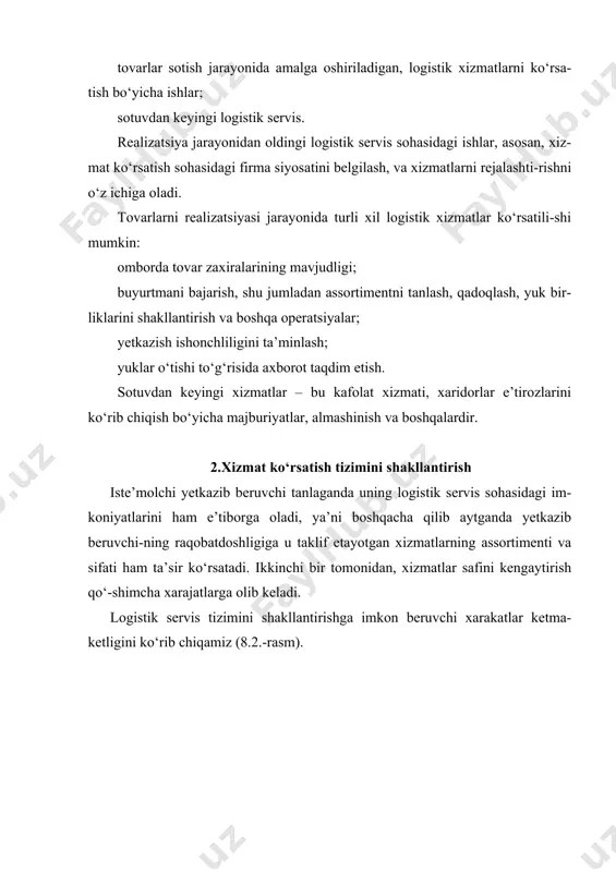 vaqt; · yetkazish egiluvchanligi; · yetkazib beruvchi omborida zaxiralar mavjudligi; · kredit olish imkoniyati, va qator boshqa mezonlar. · bulardan birinchi uchtasini tavsiflab o‘tamiz. · yetkazish ishonchliligi. umumiy holda, ishonchlilik deganda, belgilangan chek-lanishlarda o‘z tavsiflarini saqlagan holda berilgan funksiyalarni bajarish qobi-liyatini o‘z ichiga olgan, tizimning majmuaviy xususiyati tushuniladi. · yetkazish ishonchliligi – bu yetkazib beruvchining belgilangan chegaralarda, shartnomada kelishilgan yetkazish muddatlariga rioya qilish qobiliyatidir. yetkazish ishonchliligi, yetkazish jarayoni tarkibiga kiruvchi ayrim turdagi ishlarni bajarish muddatlariga rioya qilishning ishonchliligi bilan aniqlanadi. · yetkazish ishonchliligiga ta’sir etuvchi asosiy omillardan bo‘lib, shartnomada ko‘zda tutilgan majburiyatlar (kafolatlar) mavjudligi xizmat qiladi, yetkazish mud-datlarini buzganlik uchun javobgarlik aynan shu majburiyatlarda belgilanadi. · buyurtma qabul qilgandan to tovarlar partiyalarini yetkazishgacha bo‘lgan to‘liq vaqt, u o‘z ichiga quyidagilarni oladi: · buyurtmani rasmiylashtirish vaqti; · ishlab-chiqarish vaqti (agarda buyurilgan tovarlarni ishlab-chiqarish lozim bo‘lsa, bu vaqt yetkazish muddatiga qo‘shiladi) · qadoqlash vaqti; · yuklash vaqti; · yetkazish vaqti; · shartnomada …