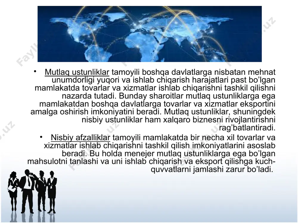 ’lgan faoliyatni amalga oshirishi lozim. bunda u turli madaniyatlarga moyil va global menejment nazariyasi, falsafasi va psixologiyasini o’zlashtirib olishi kerak, va har qanday sharoitda eng avvalo mamlakatimiz manfaatlarini ko’zlashi zarur. prezidentimiz ta’kidlaganlaridek: «… davlatimiz tashqi siyosatining ma’no-mazmuni va maqsadi bitta – u ham bo’lsa, o’zbekiston manfaati va yana bir bor o’zbekiston manfaatidir». “xalqaro menejment” kategoriyasi xalqaro menejment – bu chet elda tashqi iqtisodiy aloqalarning barcha shakllaridagi (eksport, import, texnologiyalarni ayirboshlash, qo’shma korxonalar, xorijda xizmatlarni ishlab chiqarish va ko’rsatish, xorijiy investitsiyalarni amalga oshirish, transmilliy korporatsiyalar) jamoaviy faoliyat sharoitlarida firmalarni to’g’ri boshqarish nazariyasi va amaliyotidir. xalqaro menejment asosiy xususiyatlari u yoki bu jihatdan milliy va ko’pmilliy jamoalarning bu madaniyat ushbu toifaga keng ma’noda beradigan narsalarni boshqarishda hisobga olishi va foydalanishi hisoblanadi. chet elda jamoaviy faoliyat sharoitlarida ishlash o’zbek tadbirkorlari va davlat xizmatchilari orasida tobora keng tarqalishi bir qator sabablarga ega. birinchidan, mdh hududida mustaqil davlatlarning tashkil topishi ko’p hollarda tadbirkorlar uchun xorijiy …
