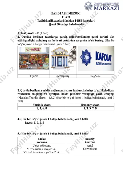 tadbirkorlik asoslari fanidan 1-bsb javoblari — PDF