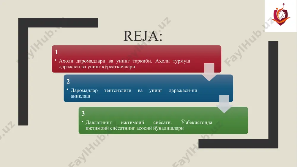 75,2 75,7 71,0 - меҳнат фаолияти даромадлари 69,4 67,4 66,6 69,3 72,9 73,3 68,8 - ўз-ўзини банд қилишдан даромад 26,5 25,8 26,4 29,7 31,7 34,4 34,5 - ўз истеъмоли учун яратилган хизматлар 1,6 1,7 1,8 2,0 2,3 2,4 2,2 б) мол-мулкдан олинадиган даромад 2,5 2,4 3,0 2,6 3,0 4,0 4,2 2. ижтимоий трансфертлар 26,5 28,5 28,6 26,1 21,8 20,3 24,8 ўзбекистонда аҳоли пул даромадлари ва харажатлари баланси таркиби кўрсаткичлар 2010 й 2011 й 2012 й 2013 й 2014 й 2015 й 2016 й 1. жами ҳаражатлар таркиби 100 100 100 100 100 100 100 улардан: истеъмол харажатлари 79,9 78,4 80,7 79,8 79,7 79,6 83,2 ноистеъмол харажатлари 20,1 21,6 19,3 20,2 20,3 20,4 16,8 2. жами истеъмол ҳаражатлари 100 100 100 100 100 100 100 шу жумладан: озиқ-овқат маҳсулотлари учун 53,2 51,4 52,1 49,5 49,5 48 47,3 ноозиқ-овқат маҳсулотлари учун 26,9 28,3 27,9 30 29,9 31,3 32,3 хизматлар учун тўловлар 19,9 …