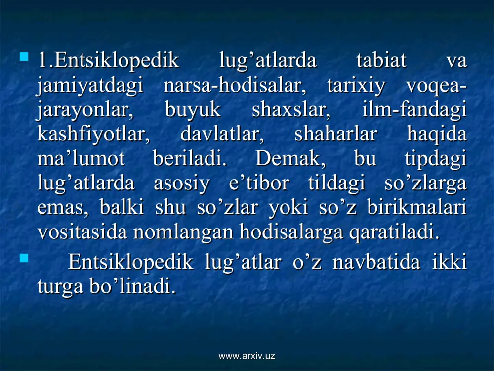 ha-turkcha lug’at" (nizomiddin mahmud, ertug’ul yaman, 1993) shular jumlasidandir. tanlangan tillar miqdoriga ko’ra lug’atlar bir tilli, ikki tilli va ko’p tilli bo’ladi: "adabiyotshunoslik terminlari lug’ati" (h.homidiy, sh.abdullaeva, s.ibrohimova, 1967) bir tilli; "ruscha-o’zbekcha va o’zbekcha-ruscha geografiya terminlari lug’ati" (h.h.xasanov, 1964), "adabiyotshunoslikdan qisqacha ruscha-o’zbekcha terminologik lug’at" (n.t.hotamov, 1969), "ruscha-o’zbekcha botanika terminlarining qisqacha izohli lug’ati" (q.z.zokirov, m.n.nabiev, o’.pratov, h.a.jamolxonov, 1963), "ruscha-o’zbekcha lug’at" (v.v.reshetovning umumiy rahbarligida, 1972) kabilar ikki tilli; "lotincha-o’zbekcha-ruscha normal anatomiya lug’ati" (a.a.asqarov, h.z.zohidov, 1964). "botanikadan ruscha-o’zbekcha entsikopedik lug’at"ga (q.z.zokirov, h.a.jamolxonov) ilova qilingan "botanik nom va terminlarning o’zbekcha-ruscha-lotincha so’zligi" (201-254-betlar) hamda "botanik nom va terminlarning lotincha-ruscha-o’zbekcha so’zligi" (255-294-betlar), "zoologiya entsiklopediyasi"ga (t.z.zohidov) ilova qilingan "sut emizuvchilarning o’zbekcha-lotincha-ruscha nomlari" (1960, 210-228 betlar) hamda "suvda va quruqlikda yashovchilar va sudralib yuruvchilarning o’zbekcha-lotincha-ruscha nomlari" (1969, 195-226 betlar) esa ko’p tilli lug’atlardir. ikki tilli va ko’p tilli lug’atlardan asosan tarjimachilikda foydalaniladi. shu sababli ular tarjima lug’atlari deb ham yuritiladi. so’z yoki atama ma’nolarining yoritilishiga ko’ra lug’atlar izohli …