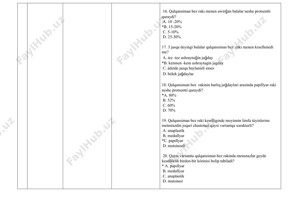 qari dárejedegi differentsiatsiyalangan *b. aniq differentsiatsiyalangan c. differentsiatsiyalanbagan d. tómen dárejedegi differentsiatsiyalangan 33. kobinese qalqansiman bez rakınin medullyar varianti ushin qanday keshiw xarakterlii? *a. agressiv b. unamli c. aktiv d. passiv 34. kobinese qalqansiman bez rakinın medullyar variantindaǵi sporadik formasinda limfa túyinlerine metastazlardin chastotasi qanday? a. 25% b. 50% *c. 60% d. 10% 35. medullyar tiptegı shańaraqqa tiyisli endokrin sindrominda qalqansiman bez raki jagdaylari neshe protsentti quraydi? a. 60% b. 50% *c. 30% d. 10% 36. qalqansiman bez rakinin medullyar variantinin násillik variantiniń uzatiliw tipi qanday? a. geterotrop b. autosoma retsessiv *c. autosoma domınant d. xromosoma 37. medullyar qalqansiman bezı rakinin násillik varianti ne menen xarakterlenedi ? a. infiltrativ ziyanlaniw *b. kóp jónelisli hám bilateralliq ziyanlaniw c. kóp jonelisli hám eki tarepleme ziyanlaniw d. lobulyar ziyanlaniw 38. medullyar qalqansiman bez rakı sippl sindromi menen qaysi kesellikler birlestiriwi múmkin: 1. feoxromotsitoma 2. paraqalqan tarizli bez patologiyasi 3. teri lixenoidli amiloidozi 4. …