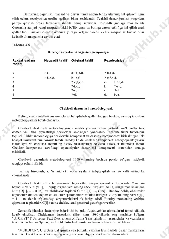 bajarish jarayonini batafsil ko'rib chiqaylik. dastur 112 a b c d. b : - e, f. bilan. d. e. f. ? - a. dasturning bajarilishi maqsad va dastur jumlalaridan biriga ularning hal qiluvchiligini olish uchun rezolyutsiya usulini qo'llash bilan boshlanadi. tegishli dastur jumlasi yuqoridan pastga qidirish orqali tanlanadi, shunda uning sarlavhasi maqsadli jumlaga mos keladi. qarorning natijasi yangi maqsadli taklif bo'lib, unga va boshqa dastur taklifiga hal qilish usuli qo'llaniladi. jarayon qaror davomida yuzaga kelgan barcha kichik maqsadlar faktlar bilan kelishib olinmaguncha davom etadi. tablitsa 3.6 prologda dasturni bajarish jarayoniga ruxsat qadam raqami maqsadli taklif original taklif rezolyutsiya 1 ?-a. a:-b,c,d. ?-b,c,d. 2 ?-b,c,d. b:-c,f. ?-e,f,c,d. 3 ?-e,f,s,d e. ?-f,c,d. 4 ?-f,c,d. f. ?-c.d. 5 ?-c,d. c. ?-d. 6 ?-d. d. bo'sh cheklovli dasturlash metodologiyasi. keling, sun'iy intellekt muammolarini hal qilishda qo'llaniladigan boshqa, kamroq tarqalgan metodologiyalarni ko'rib chiqaylik. cheklovli dasturlash metodologiyasi - kerakli yechim uchun dasturda ma'lumotlar turi, domen va …