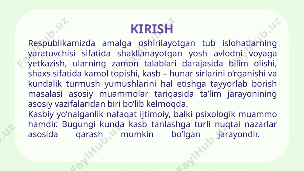 arini ko’magida tanlangan kasbga intilish davomida, o’quv faoliyati jarayonida ko’pchilik yoshlarda tanlangan kasbdan qoniqmaslik xissi paydo bo’ladi. kasbga yo’naltirish – shaxsning ijtimoiy taqdirini belgilashning tarkibiy qismidir. kasb tanlash – hayot mazmuni haqidagi o’ylari va shaxsiy “men” tabiati bilan mos kelganda muvaffaqiyatli hisoblanadi. katta yoshdagi maktab o’quvchilarida biror o’quv faniga ishtiyoq natijasida ularda har xil kasblarga qiziqish vujudga keladi. tanlagan kasbni o’zlashtirish bilan bog’liq fanga qiziqish ham ortadi. natijada qiziqqan faniga oid ma’lumotlarni o’qish, to’garak mashg’ulotlarida qatnashish tug’iladi. bunday imkoniyatlardan unumli foydalanish maqsadga muvofiq bo’lib, bu esa pedagog va ota – onalardan ham mas’uliyatlik bilan yondashish, teranlikni talab qiladi. xulosa qilib aytish mumkinki, yoshlarni yangi hayotga qadam bosayotgan, kelajagini yaratayotgan davrda ularga alohida e’tibor berishlikni, ularning individual xususiyatlaridan kelib chiqib, kasbga yo’naltirishni talab etadi. zero, o’spirinlar tanlagan kasblaridan kelajakda qoniqish hissini hosil qilishsin. foydalanilgan adabiyotlar 1. klimov e. a. puti v professionalizm. – m.: filinta, 2003. 2. karimova v. m. psixologiya.- …