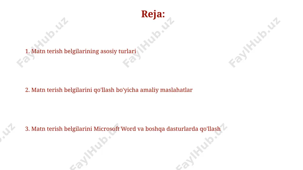lgilar shrift o'zgartirish belgilaridan foydalanib, matnning 12-punktli times new roman shriftini 14-punktli arial shriftiga o'zgartirish mumkin. matnning turli qismlarini, masalan, 3-bob sarlavhasini yoki 2-ilova jadvalini aniq belgilash uchun maxsus formatlash belgilaridan foydalaniladi. tinish belgilarini qo'yish va o'chirish belgilar matnni tahrirlashda ortiqcha yoki noto'g'ri qo'yilgan tinish belgilarini olib tashlash uchun "delete" tugmachasidan yoki "backspace" tugmachasidan foydalaniladi, shuningdek, "ctrl + z" tugmachalar kombinatsiyasi orqali ham bekor qilish mumkin. tinish belgilarini qo'yishda, jumlaning tuzilishi va ma'nosiga qarab, nuqta (.), vergul (,), so'roq (?) yoki undov (!) belgilaridan 1-3 tasini to'g'ri qo'llash kerak. orfografik xatolarni tuzatish belgilar 2 raqami bilan belgilab, so‘z ustiga yoziladigan belgi qo‘llaniladi va uning o‘rnini ko‘rsatuvchi strelka chiziladi. so‘zlarni almashtirishda esa, eski so‘z ustiga to‘g‘ri chiziq chizib, uning o‘rniga qo‘yiladigan yangi so‘z yuqoriga yoziladi va ular orasiga aylana ichida "↔️" belgisi qo'yiladi. bu 3-turdagi tuzatish usullaridan biridir. paragraflarda o'zgartirishlar belgilar paragrafda matnni o'chirish uchun ~ (tildel) belgisi qo'llaniladi va o'chiriladigan …